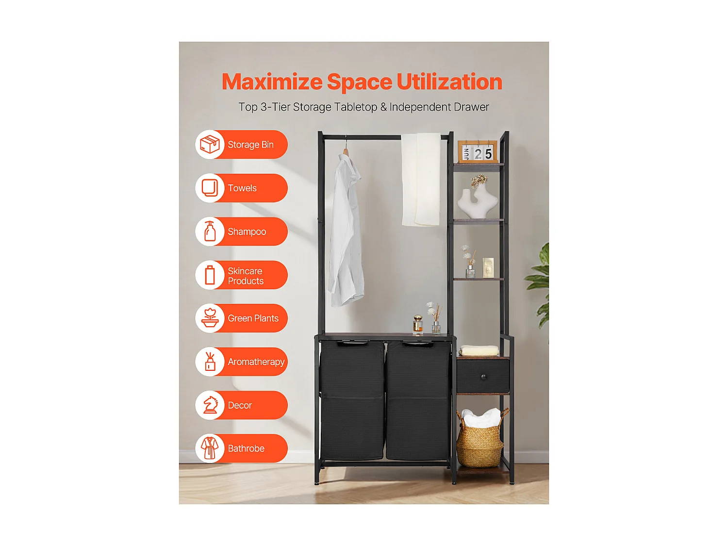 Panier à Linge SucceBuy Trieur de Linge à 2 Compartiments avec Étagères, Tiroir et Sacs en Tissu Oxford 600D, Meuble de Rangement Suspendu pour Vêtements Sales