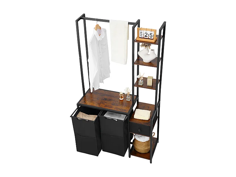 Cesta de Ropa Sucia SucceBuy Clasificador de Ropa de 2 Compartimentos con Estantes, Cajón y Bolsas de Tela Oxford 600D, Mueble para Colgar Ropa Sucia