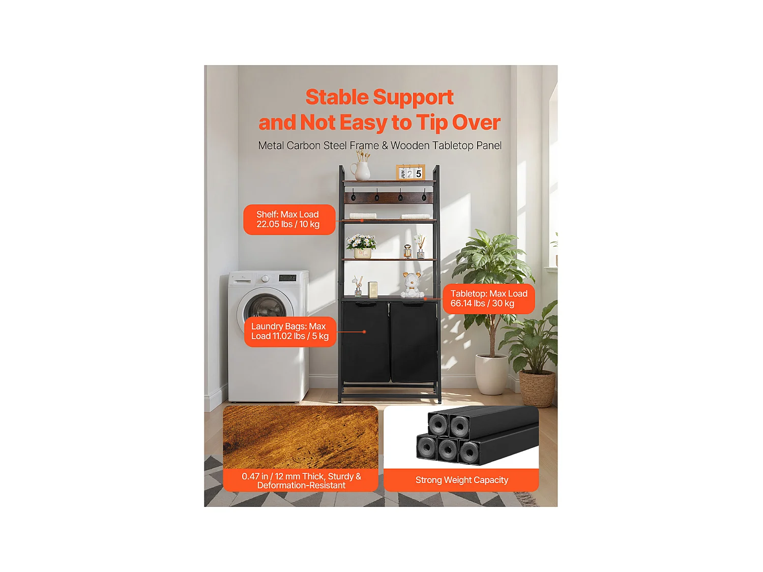 Wäschekorb SucceBuy Wäschesortierer mit 4 Fächern und 2 Fächern, Ablagen, Haken und Stoffbeuteln – Ideal zum Ordnen von Schmutzwäsche in der Waschküche, Schwarz