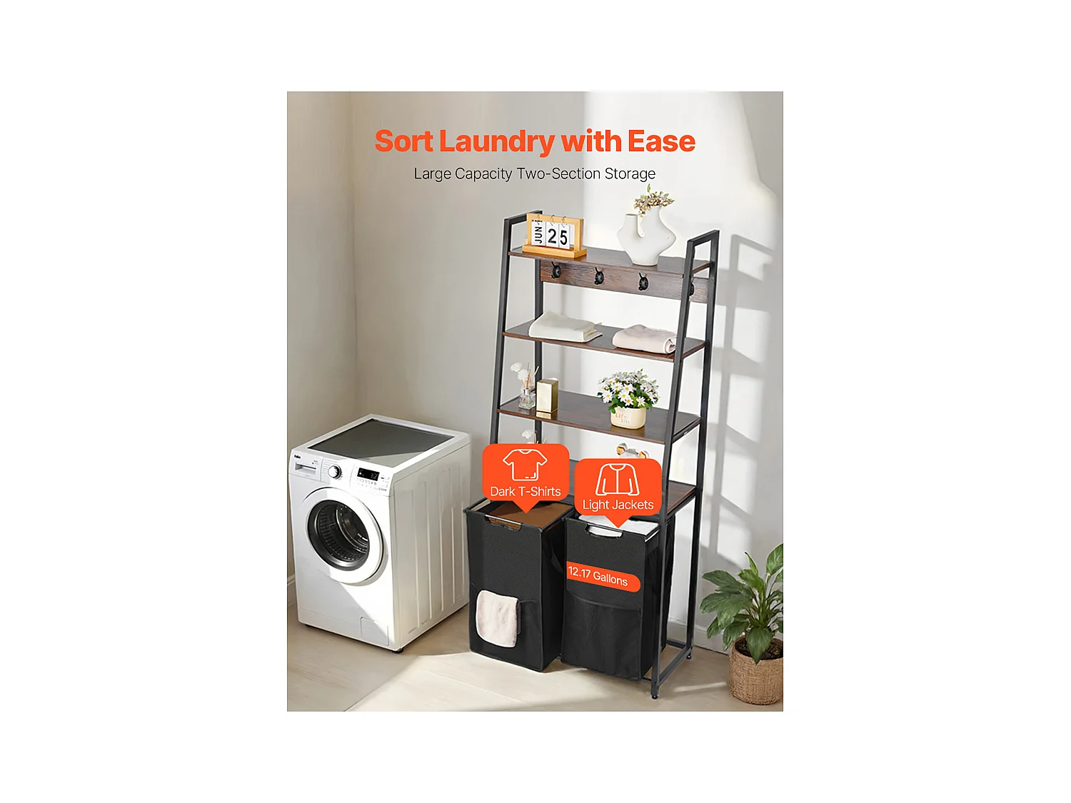 Wäschekorb SucceBuy Wäschesortierer mit 4 Fächern und 2 Fächern, Ablagen, Haken und Stoffbeuteln – Ideal zum Ordnen von Schmutzwäsche in der Waschküche, Schwarz