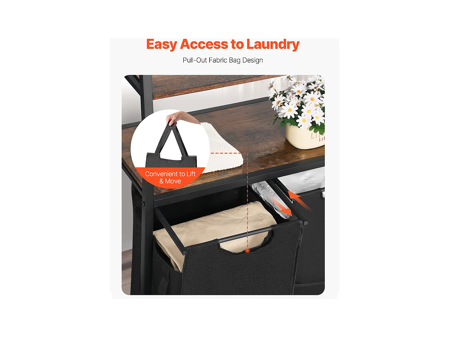 Wäschekorb SucceBuy Wäschesortierer mit 4 Fächern und 2 Fächern, Ablagen, Haken und Stoffbeuteln – Ideal zum Ordnen von Schmutzwäsche in der Waschküche, Schwarz