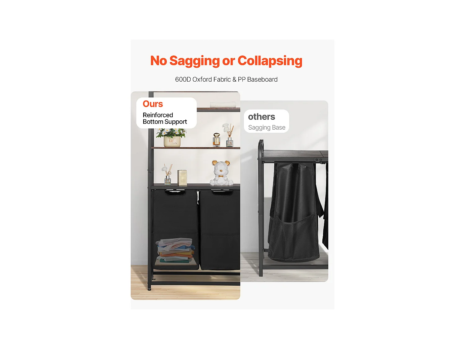 Wäschekorb SucceBuy Wäschesortierer mit 4 Fächern und 2 Fächern, Ablagen, Haken und Stoffbeuteln – Ideal zum Ordnen von Schmutzwäsche in der Waschküche, Schwarz