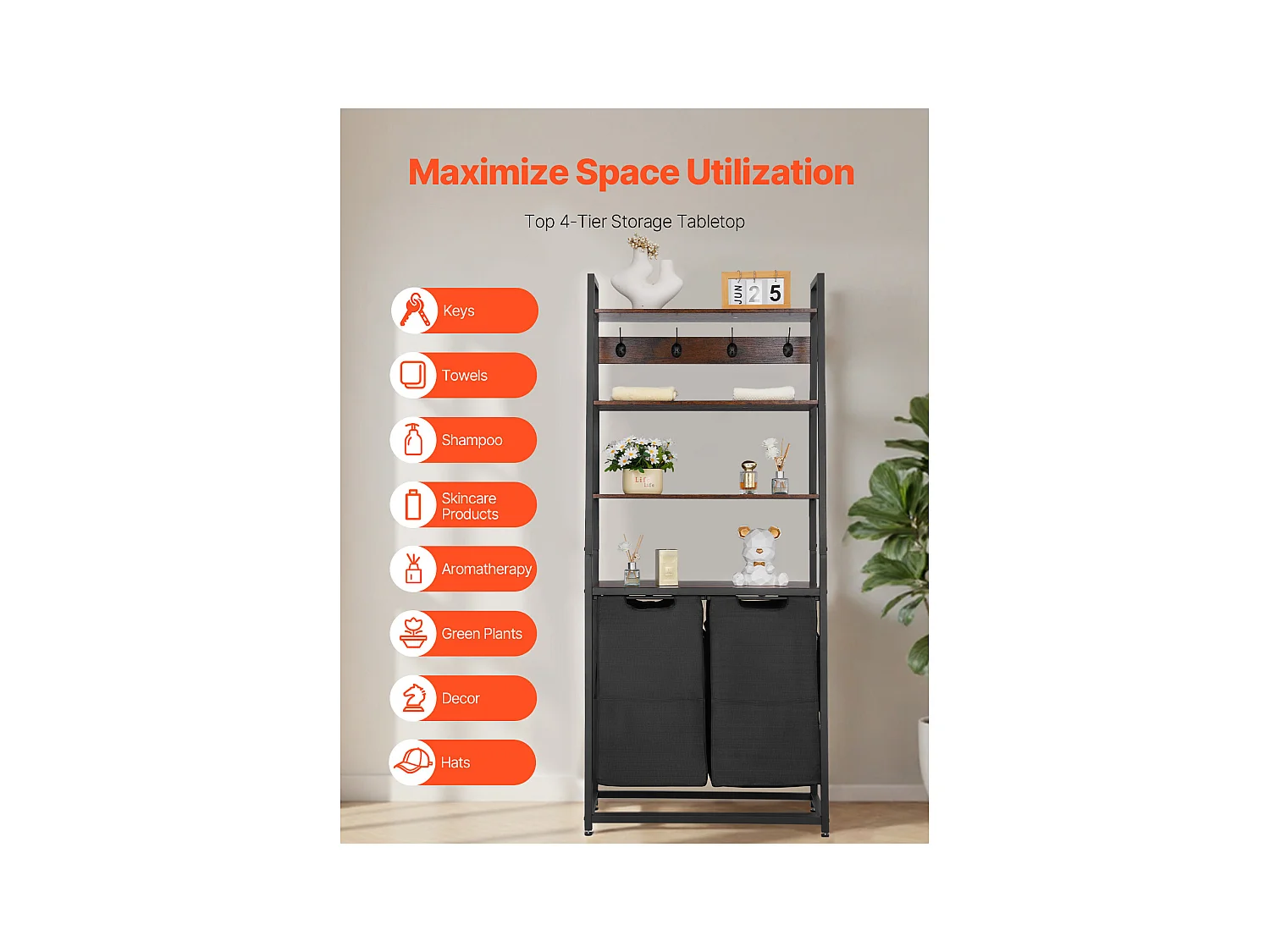 Wäschekorb SucceBuy Wäschesortierer mit 4 Fächern und 2 Fächern, Ablagen, Haken und Stoffbeuteln – Ideal zum Ordnen von Schmutzwäsche in der Waschküche, Schwarz