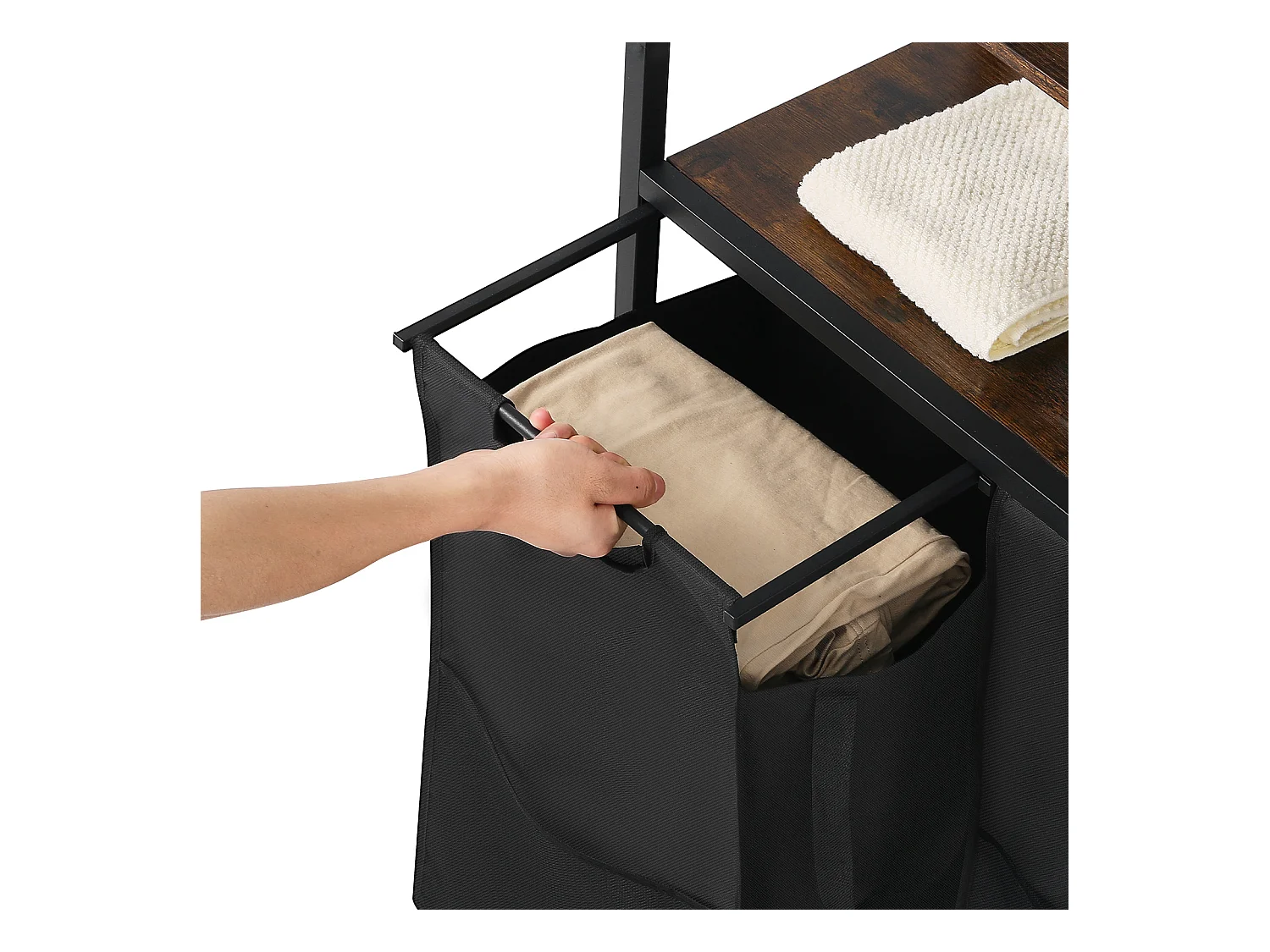 Wäschekorb SucceBuy Wäschesortierer mit 4 Fächern und 2 Fächern, Ablagen, Haken und Stoffbeuteln – Ideal zum Ordnen von Schmutzwäsche in der Waschküche, Schwarz