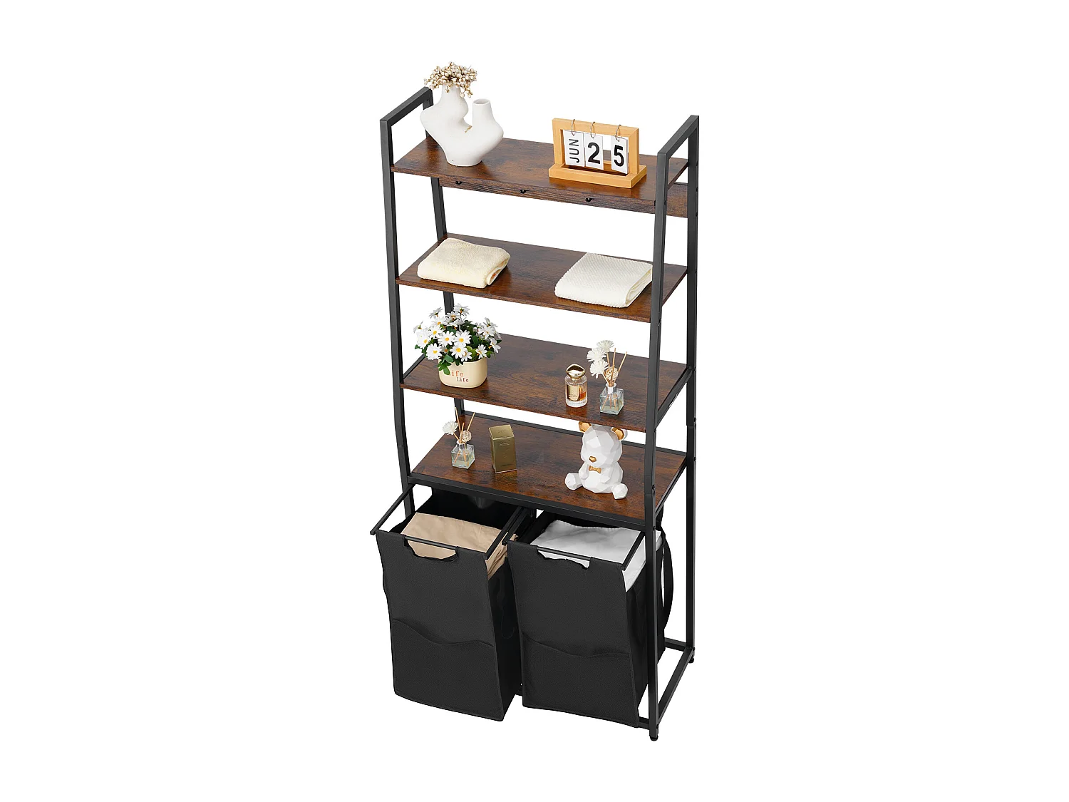 Panier à Linge SucceBuy Trieur de Linge à 4 Niveaux avec 2 Compartiments, Étagères, Crochets et Sacs en Tissu Oxford 600D, pour Organiser les Vêtements Sales Dans