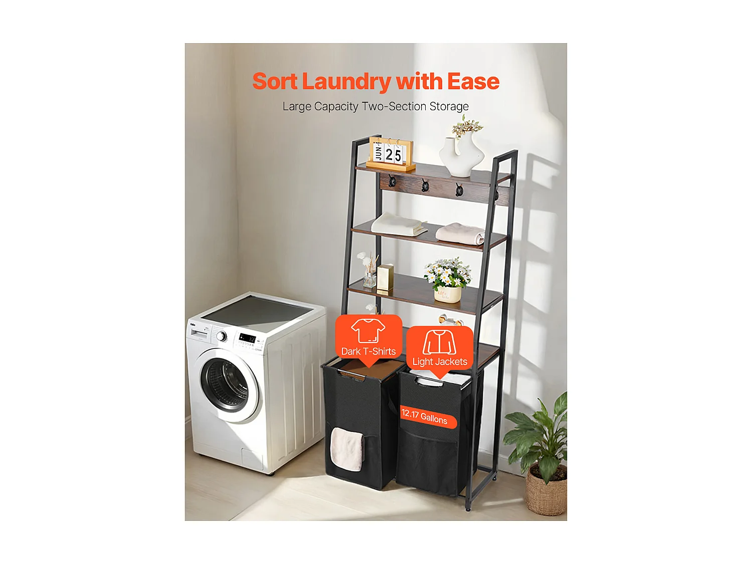 Panier à Linge SucceBuy Trieur de Linge à 4 Niveaux avec 2 Compartiments, Étagères, Crochets et Sacs en Tissu Oxford 600D, pour Organiser les Vêtements Sales Dans