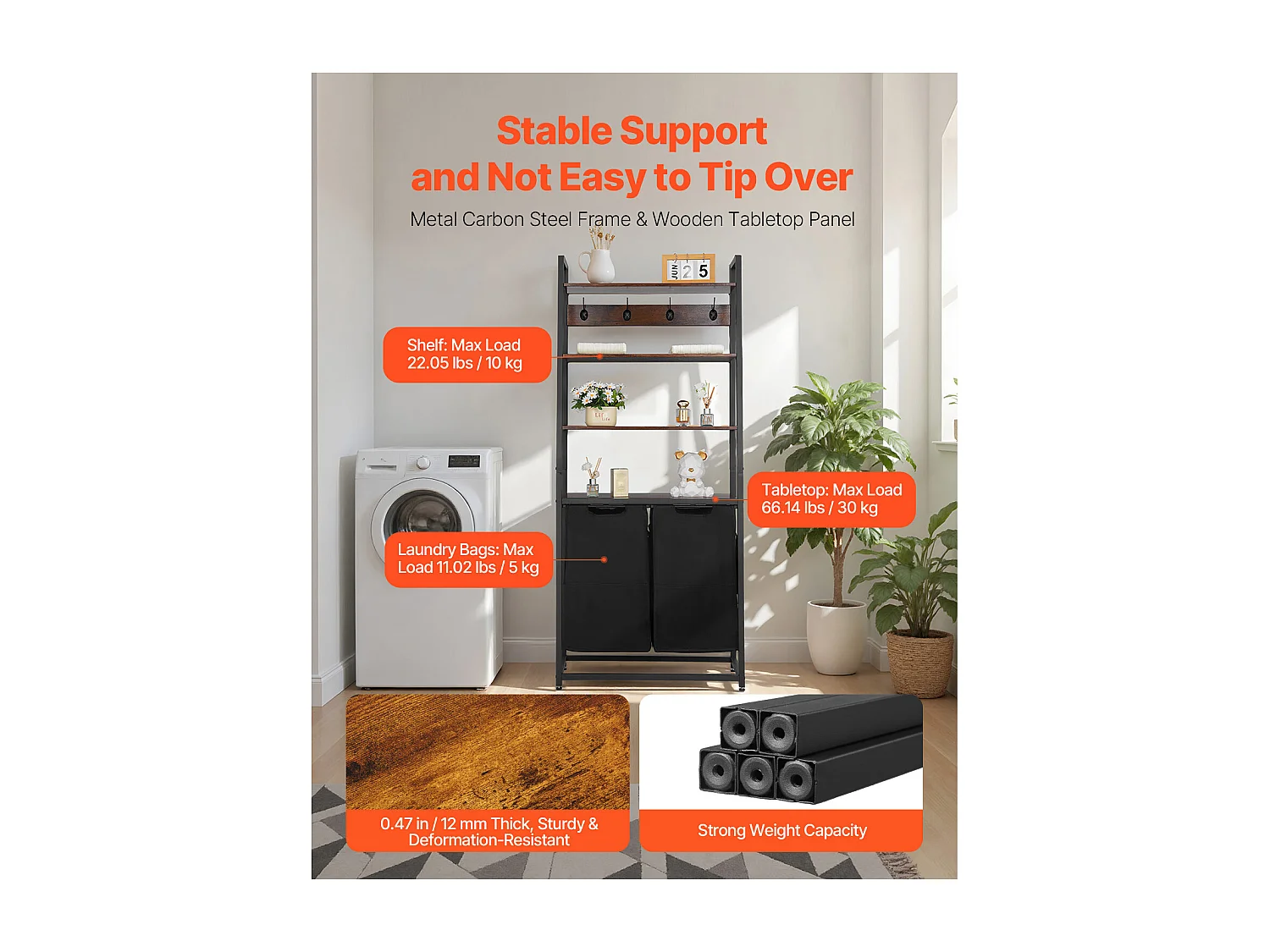 Panier à Linge SucceBuy Trieur de Linge à 4 Niveaux avec 2 Compartiments, Étagères, Crochets et Sacs en Tissu Oxford 600D, pour Organiser les Vêtements Sales Dans