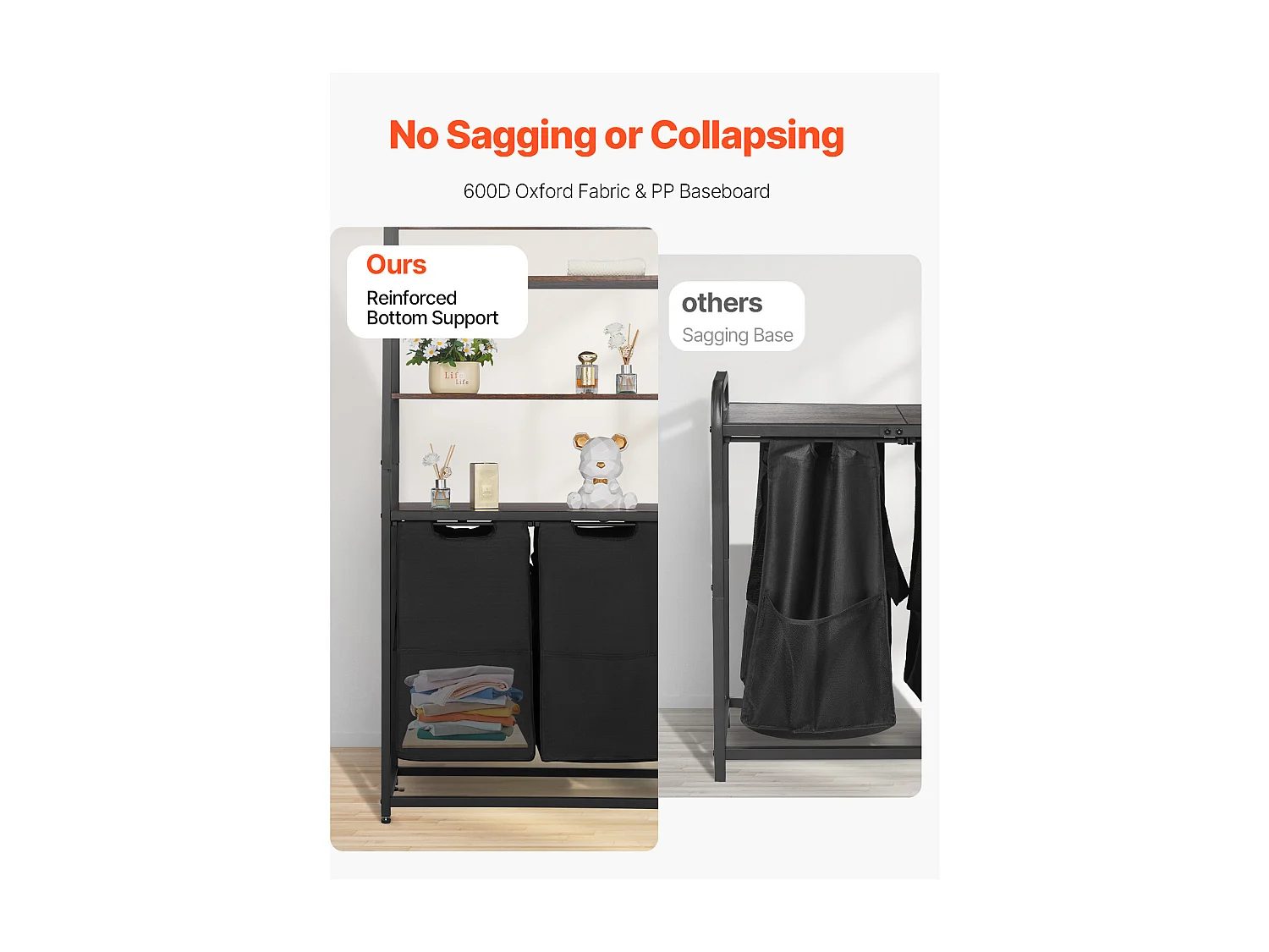 Panier à Linge SucceBuy Trieur de Linge à 4 Niveaux avec 2 Compartiments, Étagères, Crochets et Sacs en Tissu Oxford 600D, pour Organiser les Vêtements Sales Dans