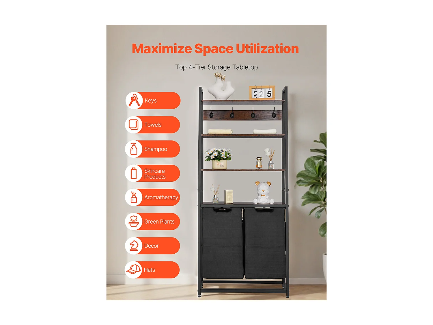 Panier à Linge SucceBuy Trieur de Linge à 4 Niveaux avec 2 Compartiments, Étagères, Crochets et Sacs en Tissu Oxford 600D, pour Organiser les Vêtements Sales Dans