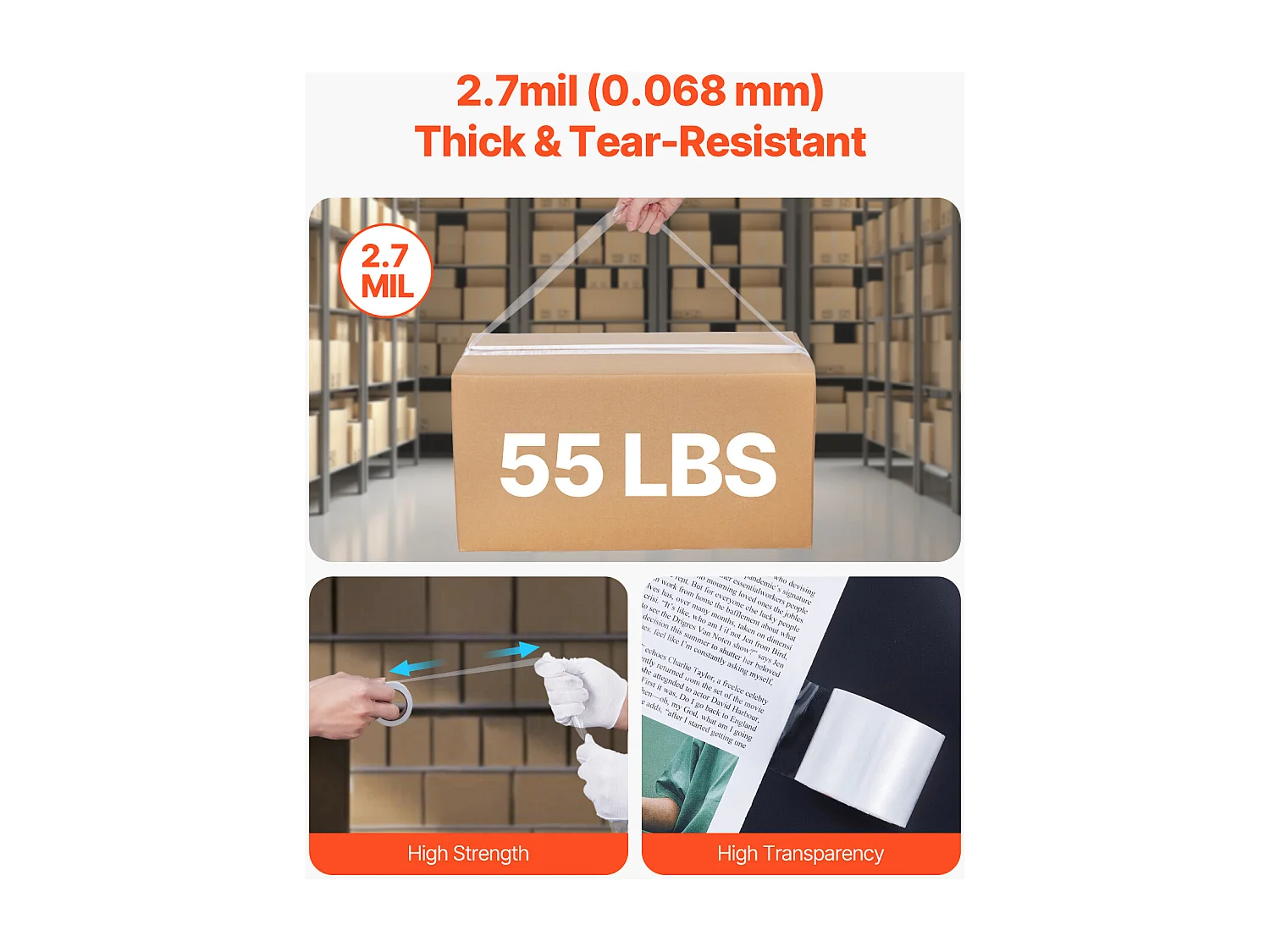 Ruban Adhésif SucceBuy d'Emballage Transparent avec Distributeur Lot de 622,86 m x 47,8 mm x 0,068 mm Noyau 38,1 mm Ruban d'Emballage Robuste