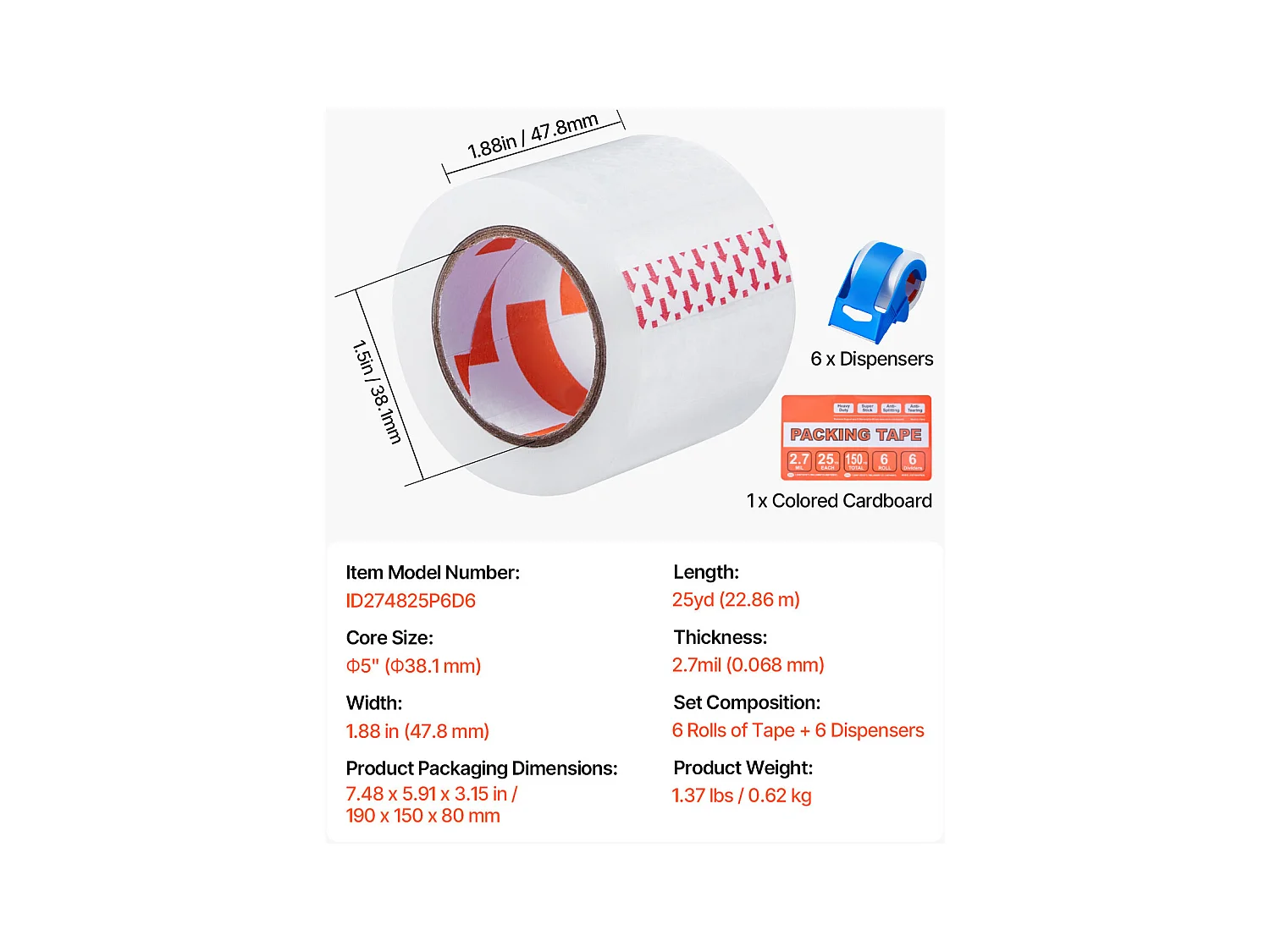 Fita Adesiva SucceBuy de Embalagem Transparente com Dispensador Pacote de 622,86 m x 47,8 mm x 0,068 mm Núcleo 38,1 mm Fita de Embalagem Resistente
