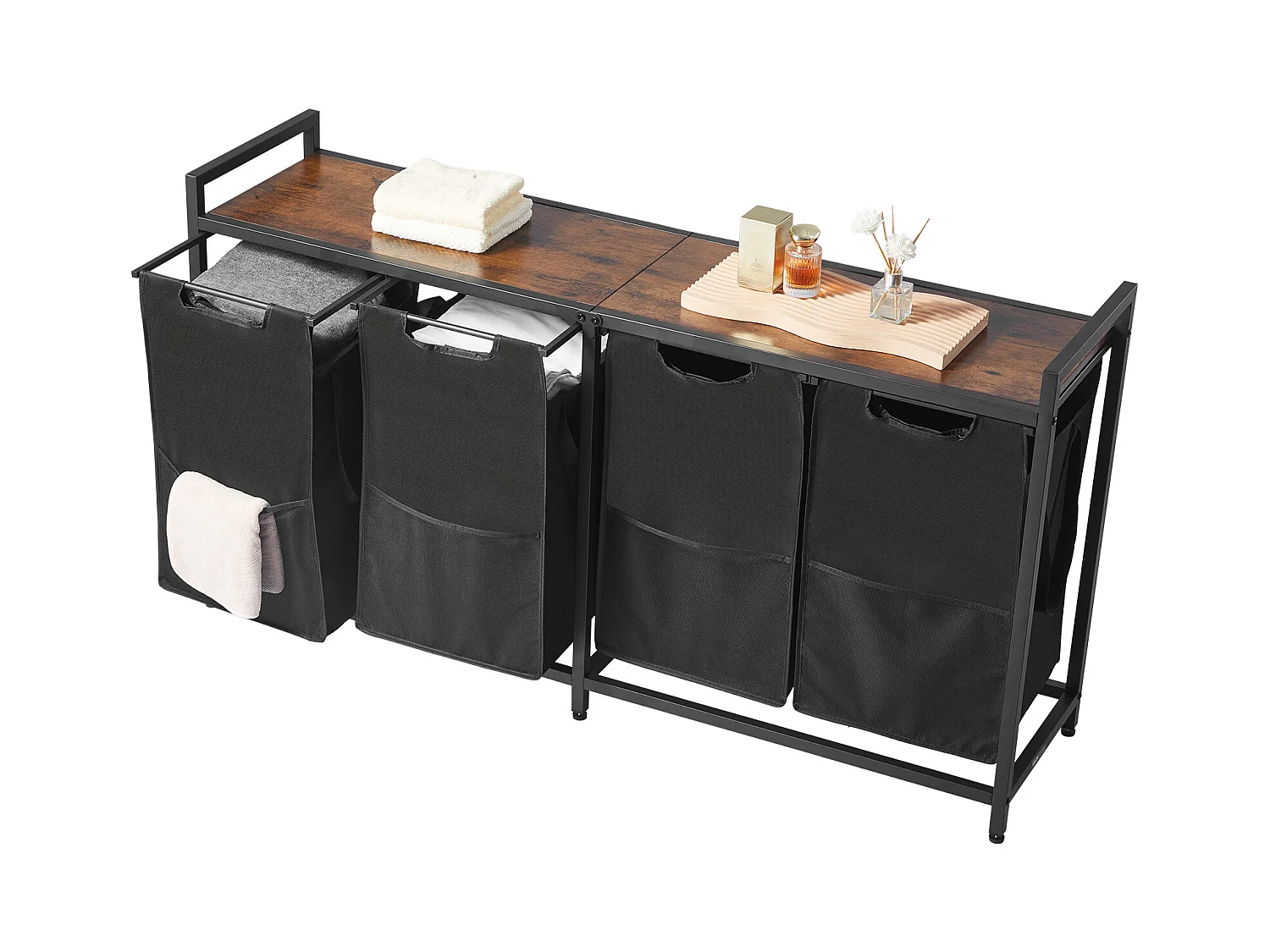 Wäschekorb SucceBuy Wäschesammler mit 4 Fächern, Wäsche-Organizer mit Herausnehmbaren Beuteln aus 600D Oxford-Gewebe, Metallrahmen und Holzdeckel