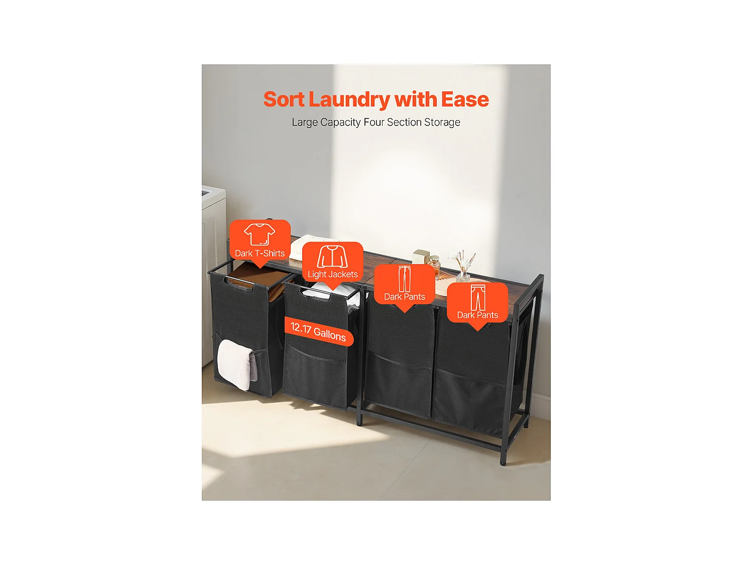 Wäschekorb SucceBuy Wäschesammler mit 4 Fächern, Wäsche-Organizer mit Herausnehmbaren Beuteln aus 600D Oxford-Gewebe, Metallrahmen und Holzdeckel