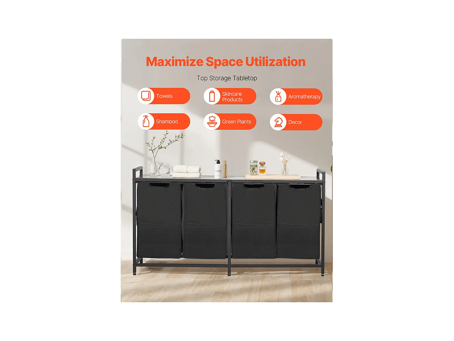 Wäschekorb SucceBuy Wäschesammler mit 4 Fächern, Wäsche-Organizer mit Herausnehmbaren Beuteln aus 600D Oxford-Gewebe, Metallrahmen und Holzdeckel