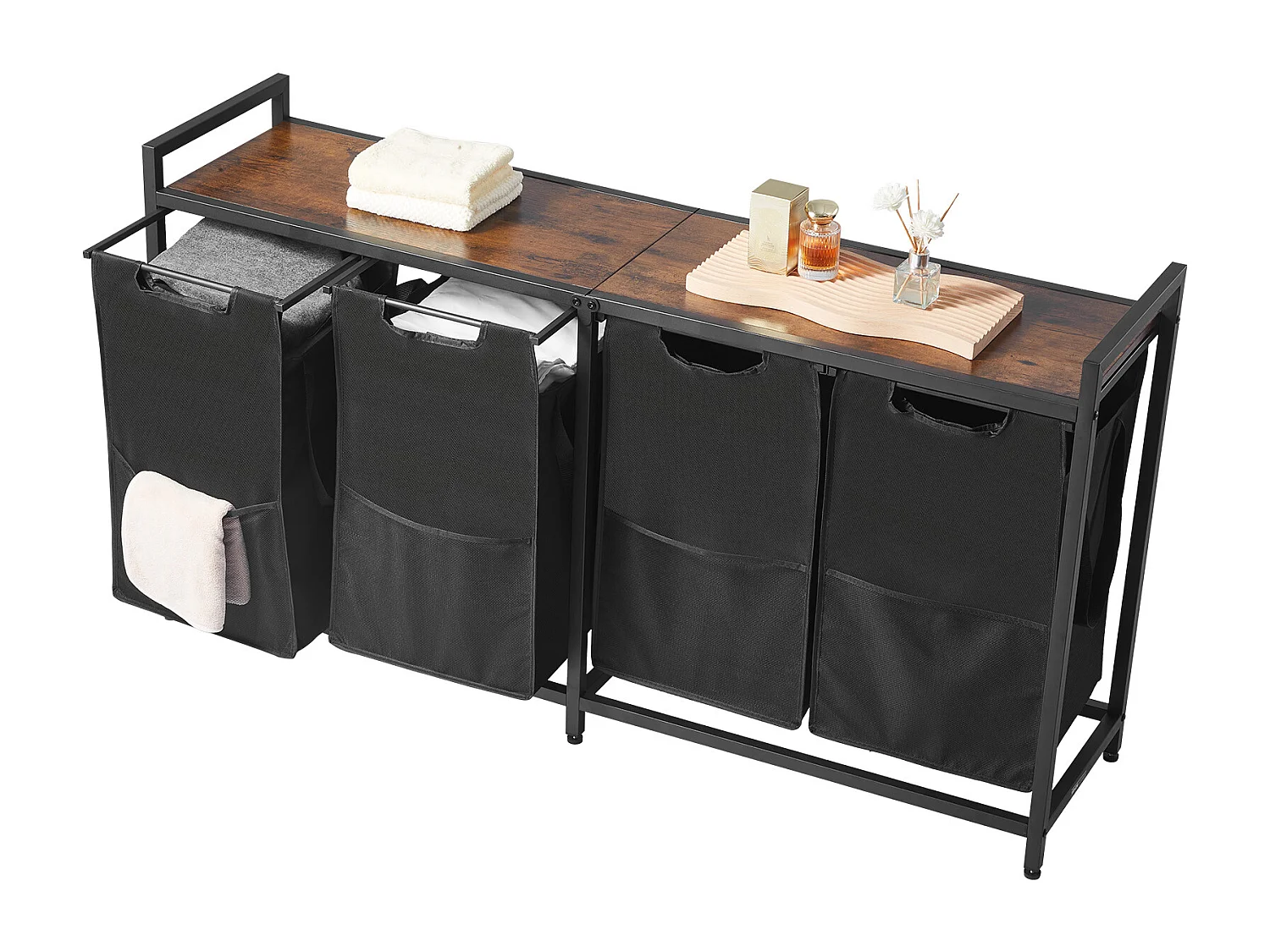 Panier à Linge SucceBuy Panier à Linge à 4 Compartiments, Organisateur de Linge avec Sacs Amovibles en Tissu Oxford 600D, Structure Métallique et Plateau en Bois