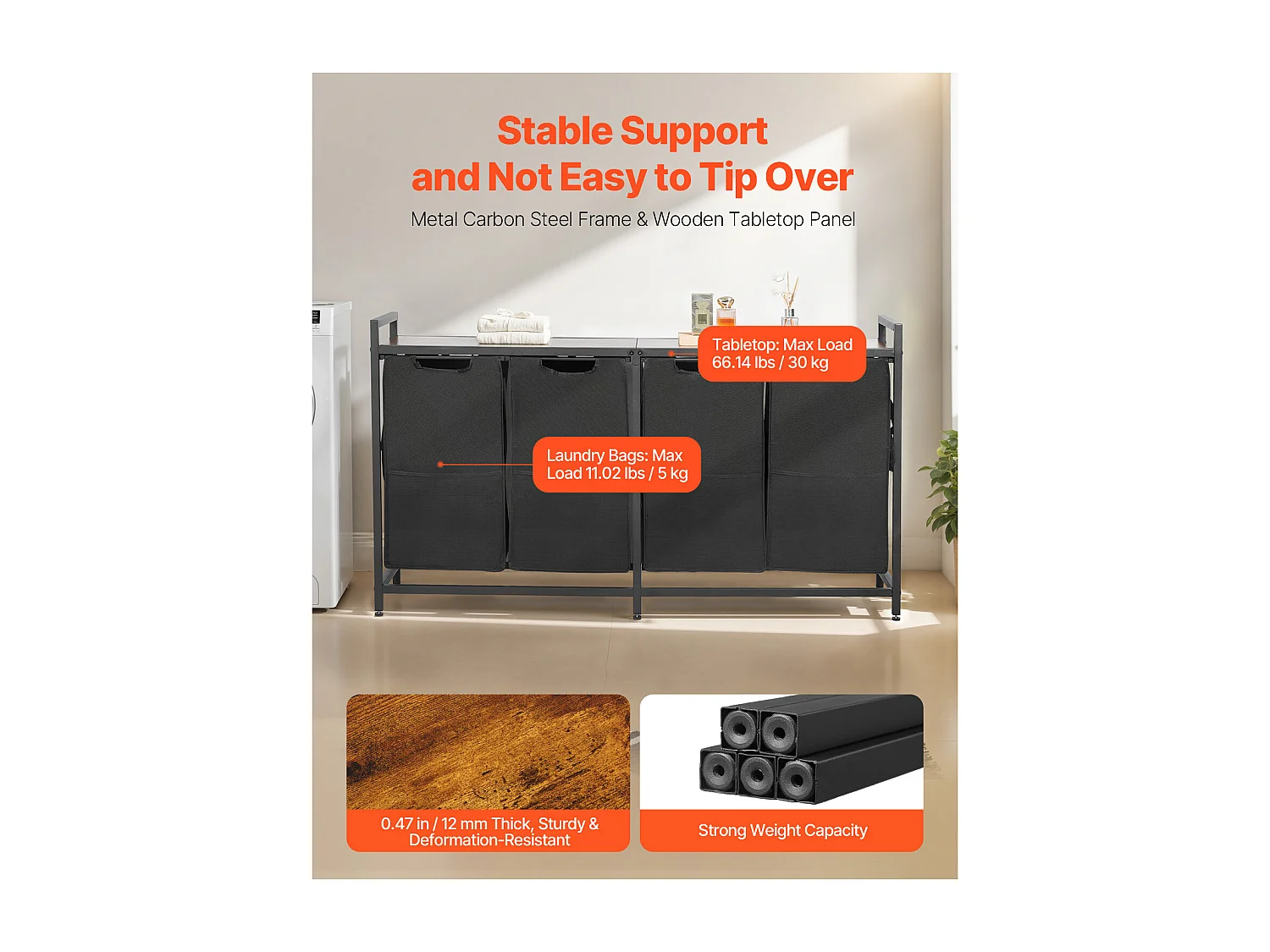 Panier à Linge SucceBuy Panier à Linge à 4 Compartiments, Organisateur de Linge avec Sacs Amovibles en Tissu Oxford 600D, Structure Métallique et Plateau en Bois