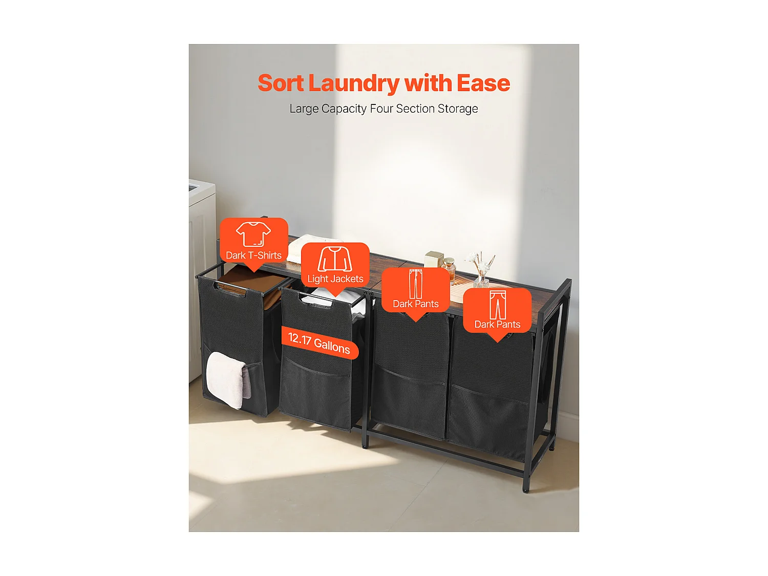 Panier à Linge SucceBuy Panier à Linge à 4 Compartiments, Organisateur de Linge avec Sacs Amovibles en Tissu Oxford 600D, Structure Métallique et Plateau en Bois