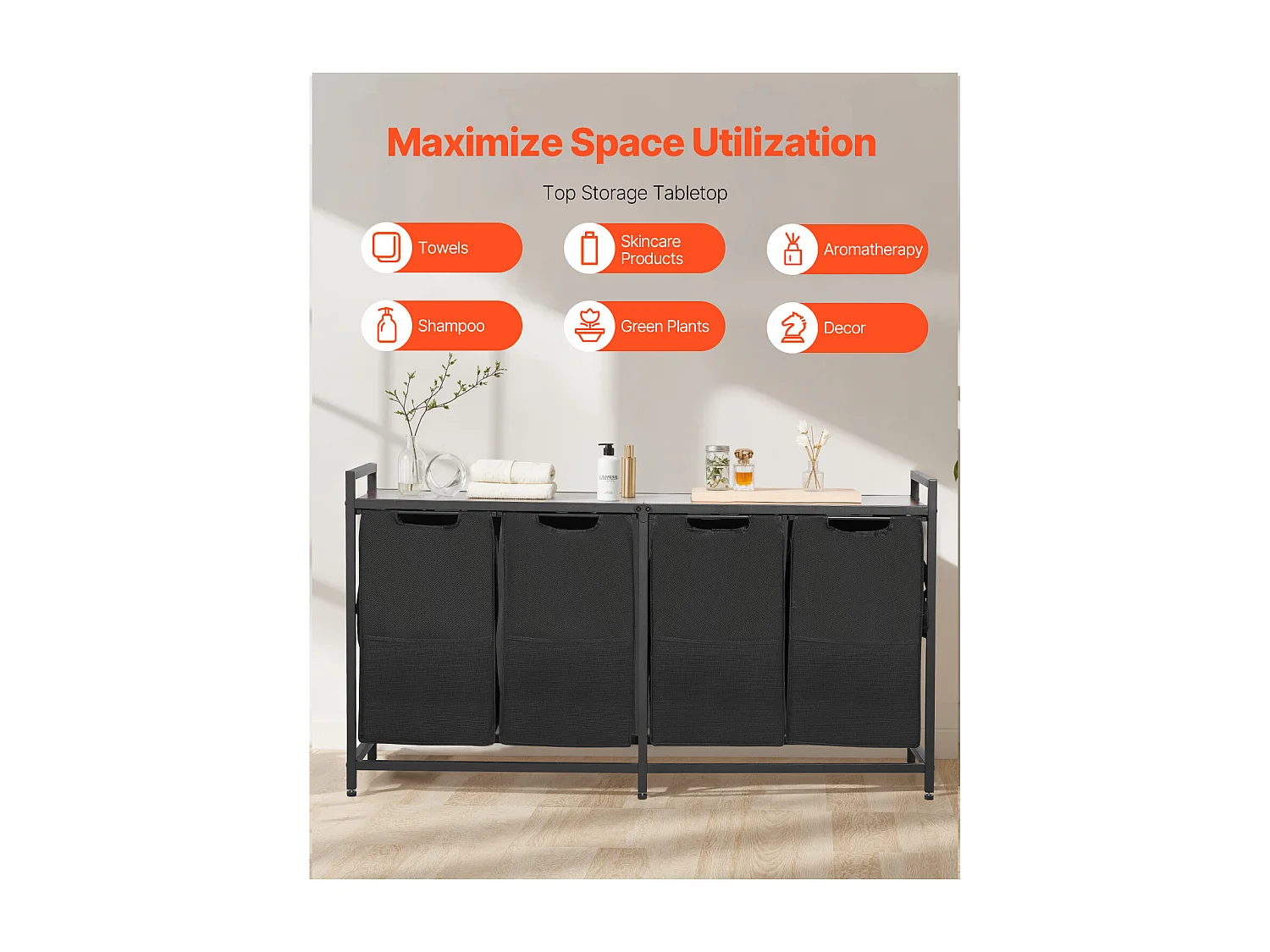 Panier à Linge SucceBuy Panier à Linge à 4 Compartiments, Organisateur de Linge avec Sacs Amovibles en Tissu Oxford 600D, Structure Métallique et Plateau en Bois