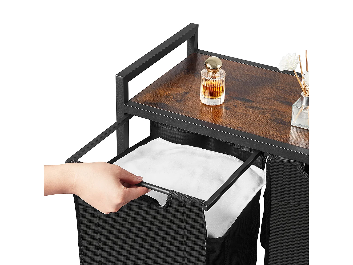 Panier à Linge SucceBuy Panier à Linge à 4 Compartiments, Organisateur de Linge avec Sacs Amovibles en Tissu Oxford 600D, Structure Métallique et Plateau en Bois