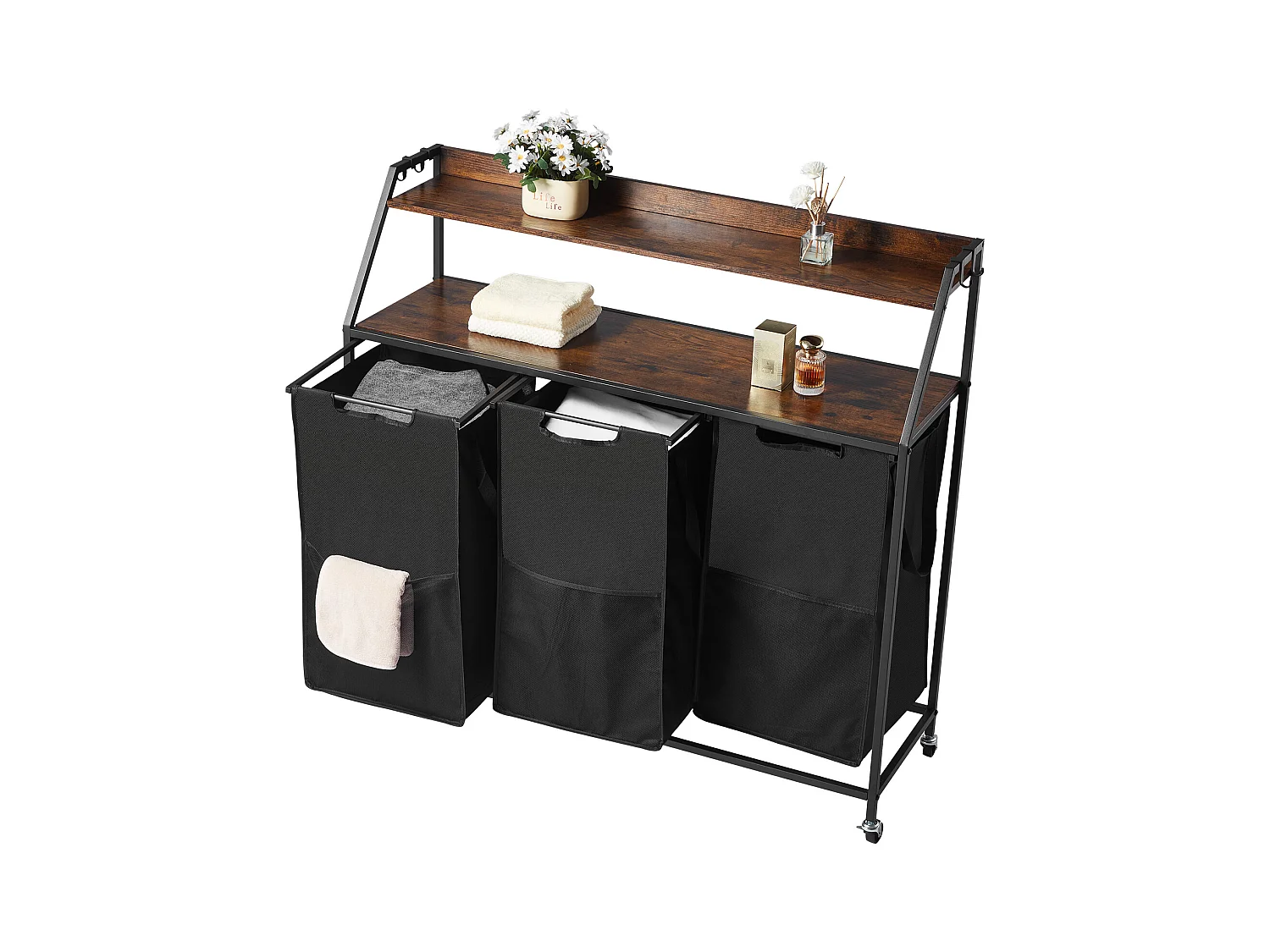 Wäschekorb SucceBuy Wäschesortierer mit 2 Fächern und Rollen, 3 Fächer, Metallrahmen, Holzplatte, Ablage und Stoffbeuteln – Ideal zum Ordnen von Kleidung