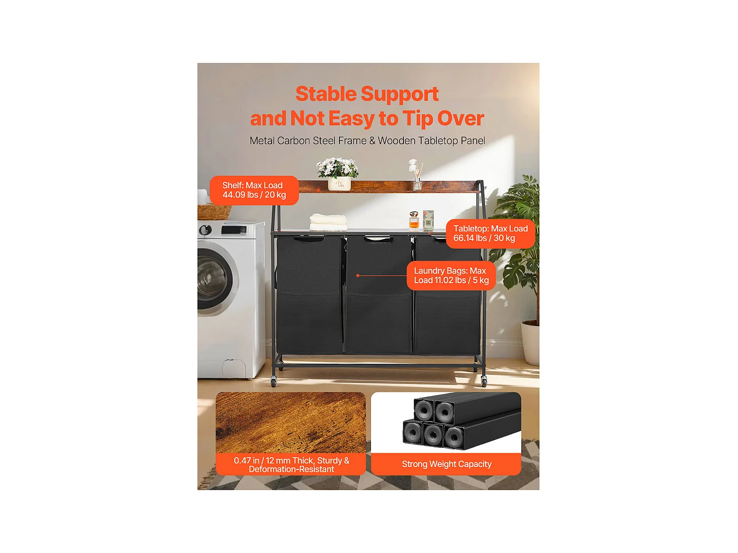 Wäschekorb SucceBuy Wäschesortierer mit 2 Fächern und Rollen, 3 Fächer, Metallrahmen, Holzplatte, Ablage und Stoffbeuteln – Ideal zum Ordnen von Kleidung