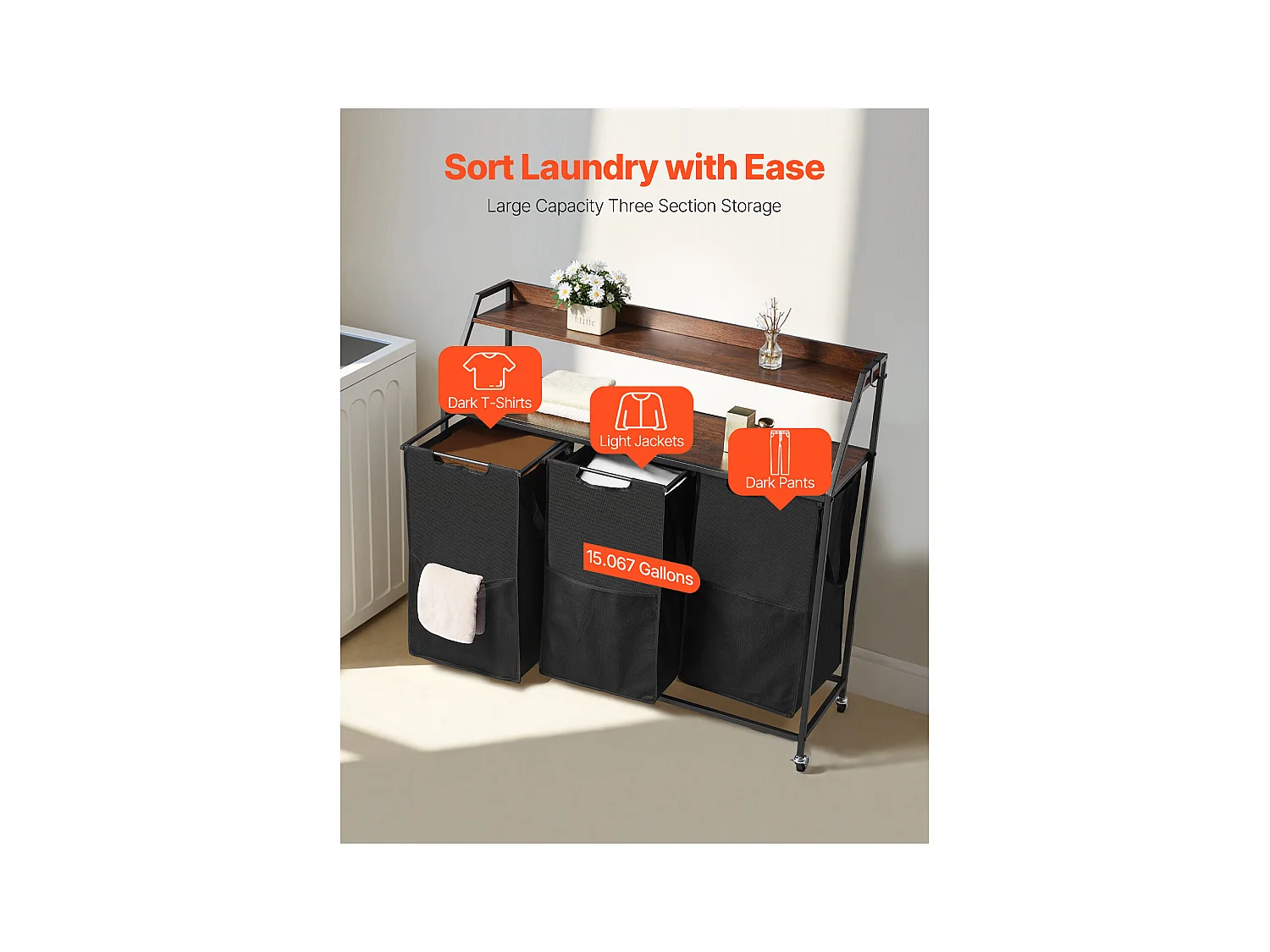 Wäschekorb SucceBuy Wäschesortierer mit 2 Fächern und Rollen, 3 Fächer, Metallrahmen, Holzplatte, Ablage und Stoffbeuteln – Ideal zum Ordnen von Kleidung