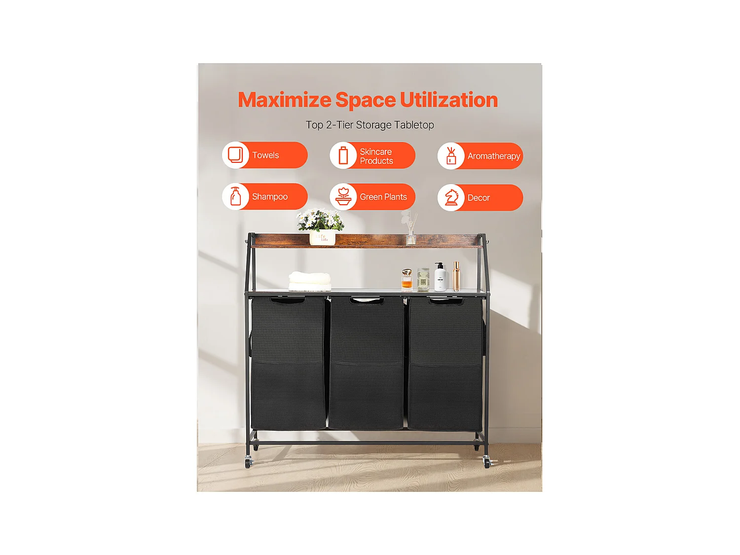 Wäschekorb SucceBuy Wäschesortierer mit 2 Fächern und Rollen, 3 Fächer, Metallrahmen, Holzplatte, Ablage und Stoffbeuteln – Ideal zum Ordnen von Kleidung