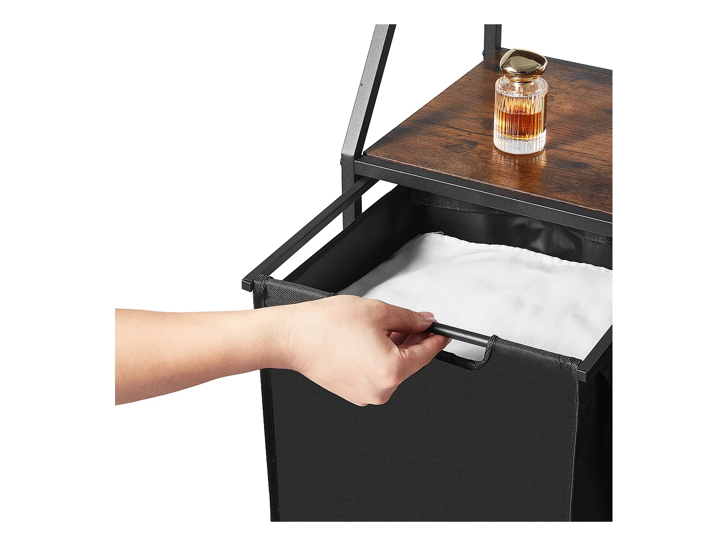 Wäschekorb SucceBuy Wäschesortierer mit 2 Fächern und Rollen, 3 Fächer, Metallrahmen, Holzplatte, Ablage und Stoffbeuteln – Ideal zum Ordnen von Kleidung