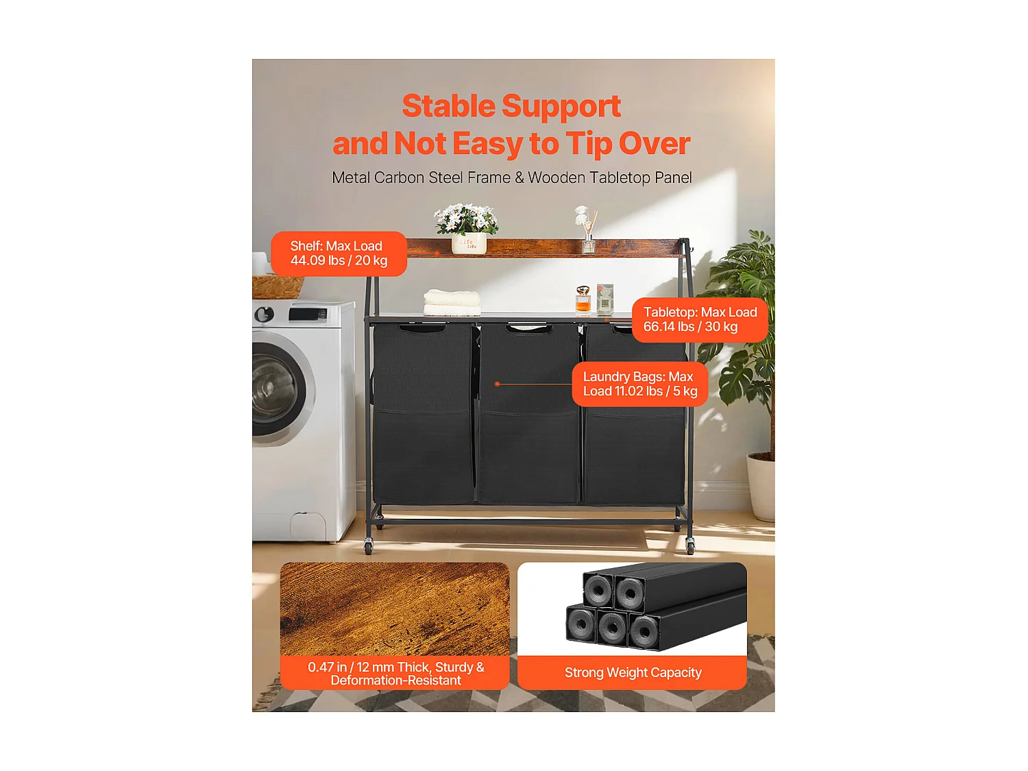 Panier à Linge SucceBuy Trieur de Linge à 2 Niveaux avec Roulettes, Doté de 3 Compartiments, Cadre Métallique, Plateau en Bois, Étagère et Sacs en Tissu