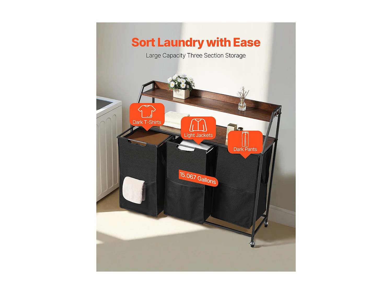 Panier à Linge SucceBuy Trieur de Linge à 2 Niveaux avec Roulettes, Doté de 3 Compartiments, Cadre Métallique, Plateau en Bois, Étagère et Sacs en Tissu