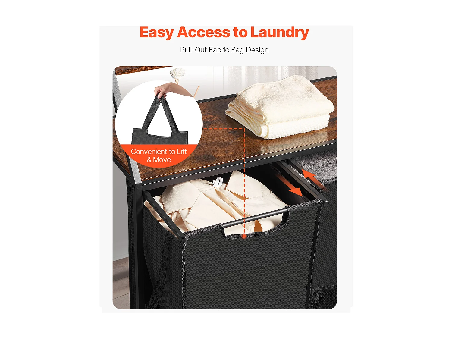 Panier à Linge SucceBuy Trieur de Linge à 2 Niveaux avec Roulettes, Doté de 3 Compartiments, Cadre Métallique, Plateau en Bois, Étagère et Sacs en Tissu