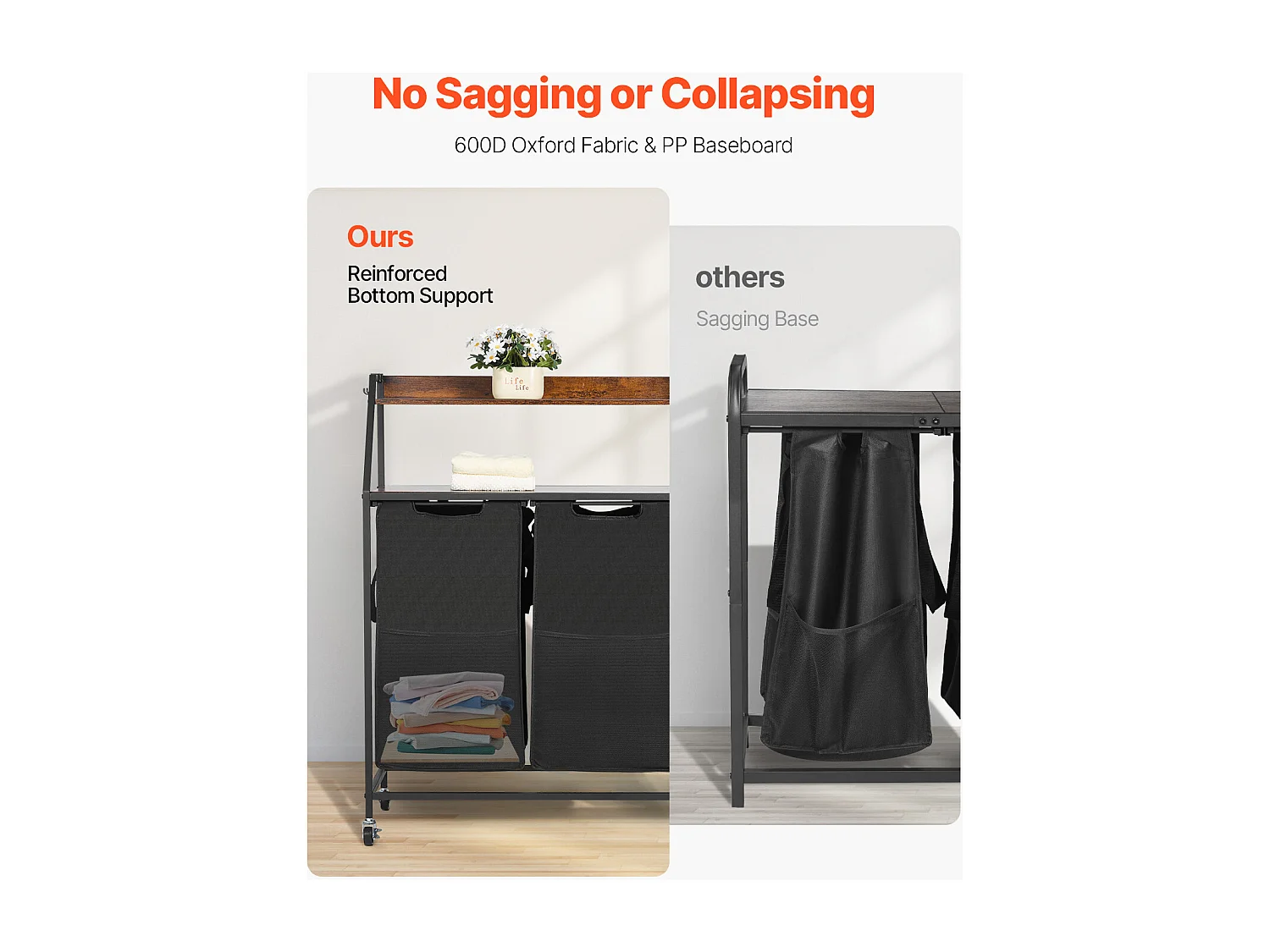 Panier à Linge SucceBuy Trieur de Linge à 2 Niveaux avec Roulettes, Doté de 3 Compartiments, Cadre Métallique, Plateau en Bois, Étagère et Sacs en Tissu