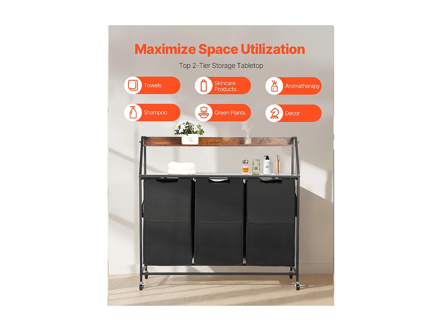 Panier à Linge SucceBuy Trieur de Linge à 2 Niveaux avec Roulettes, Doté de 3 Compartiments, Cadre Métallique, Plateau en Bois, Étagère et Sacs en Tissu