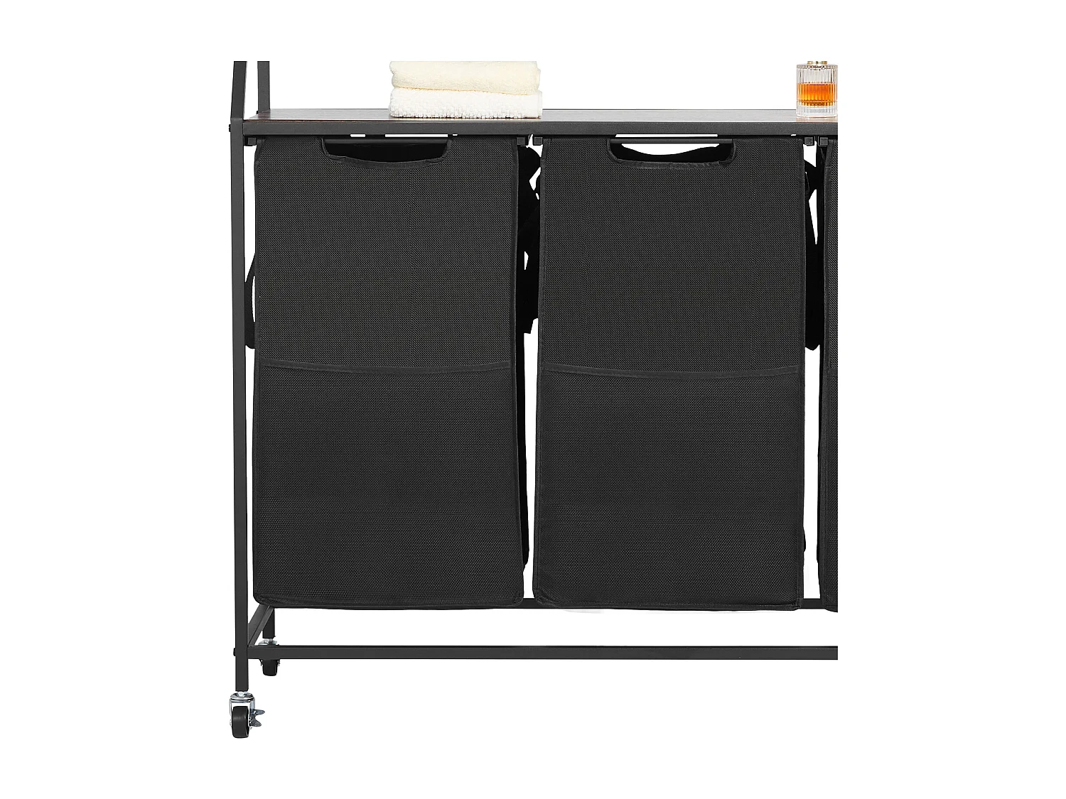 Panier à Linge SucceBuy Trieur de Linge à 2 Niveaux avec Roulettes, Doté de 3 Compartiments, Cadre Métallique, Plateau en Bois, Étagère et Sacs en Tissu