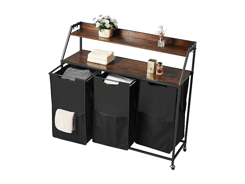 Panier à Linge SucceBuy Trieur de Linge à 2 Niveaux avec Roulettes, Doté de 3 Compartiments, Cadre Métallique, Plateau en Bois, Étagère et Sacs en Tissu