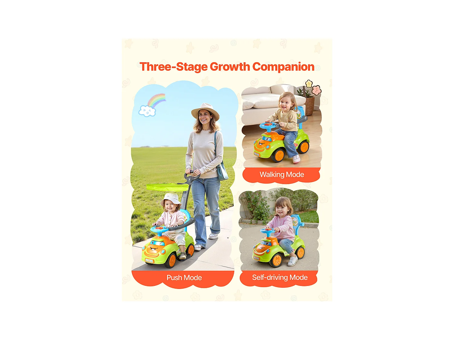 Kinderfahrzeug SucceBuy 19 bis 36 Monate, Schiebeauto für Kleinkinder, Belastung 25 kg, mit Schutzbügel, Griff, Stauraum unter Sitz, für Jungen