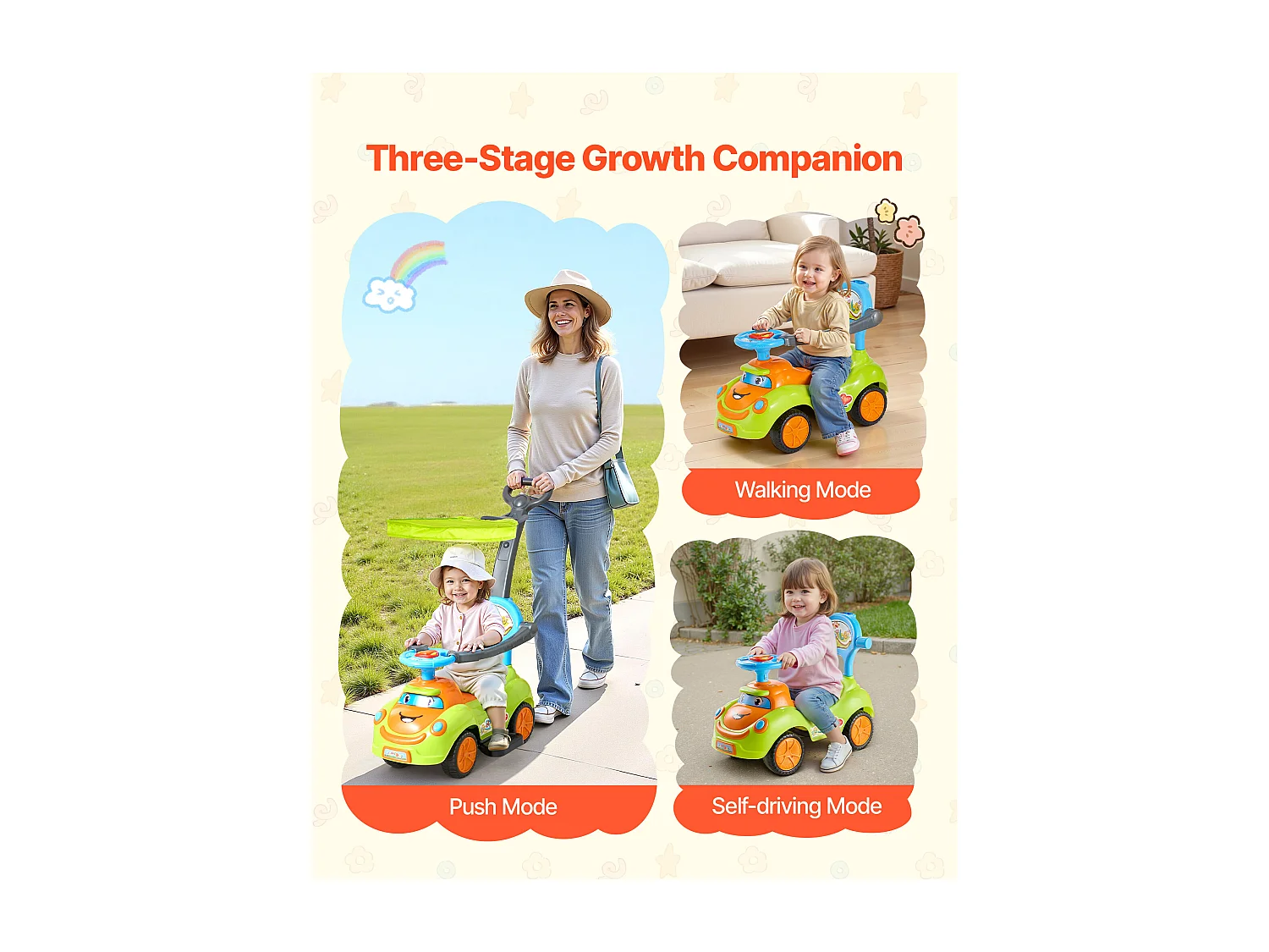 Porteur Auto Enfants SucceBuy 19 à 36 Mois, Voiture à Pousser pour Tout-petits, Charge 25 kg, avec Garde-corps, Poignée, Rangement sous Siège, pour Garçons