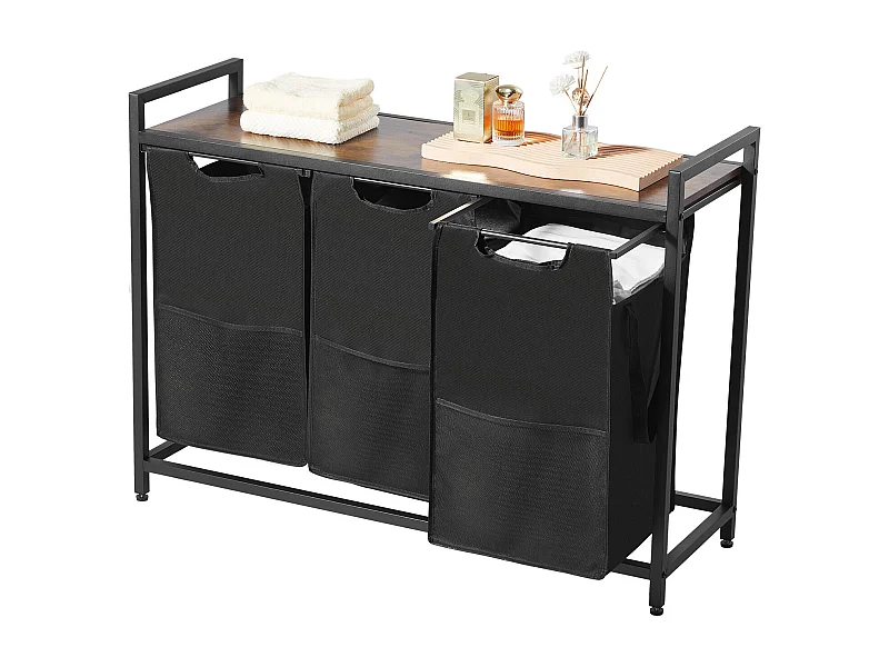 Wäschekorb SucceBuy Wäschesammler mit 3 Fächern, Wäsche-Organizer mit Herausnehmbaren Beuteln aus 600D Oxford-Gewebe, Metallrahmen und Holzdeckel