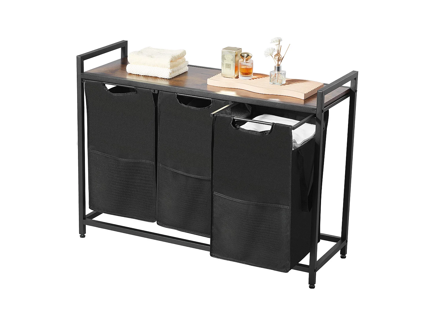 Wäschekorb SucceBuy Wäschesammler mit 3 Fächern, Wäsche-Organizer mit Herausnehmbaren Beuteln aus 600D Oxford-Gewebe, Metallrahmen und Holzdeckel