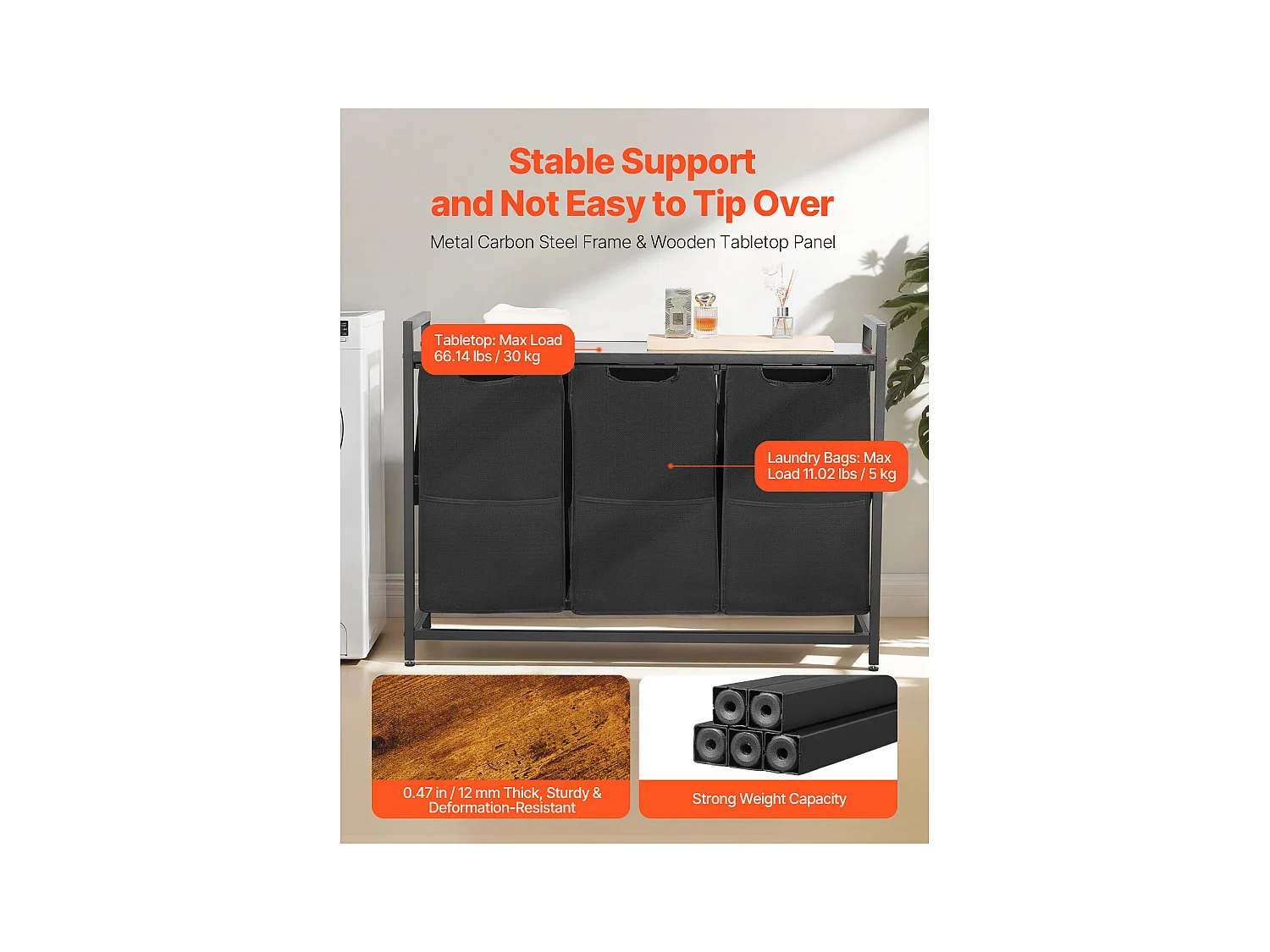 Wäschekorb SucceBuy Wäschesammler mit 3 Fächern, Wäsche-Organizer mit Herausnehmbaren Beuteln aus 600D Oxford-Gewebe, Metallrahmen und Holzdeckel