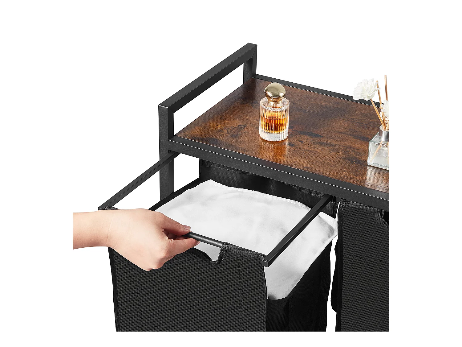 Wäschekorb SucceBuy Wäschesammler mit 3 Fächern, Wäsche-Organizer mit Herausnehmbaren Beuteln aus 600D Oxford-Gewebe, Metallrahmen und Holzdeckel