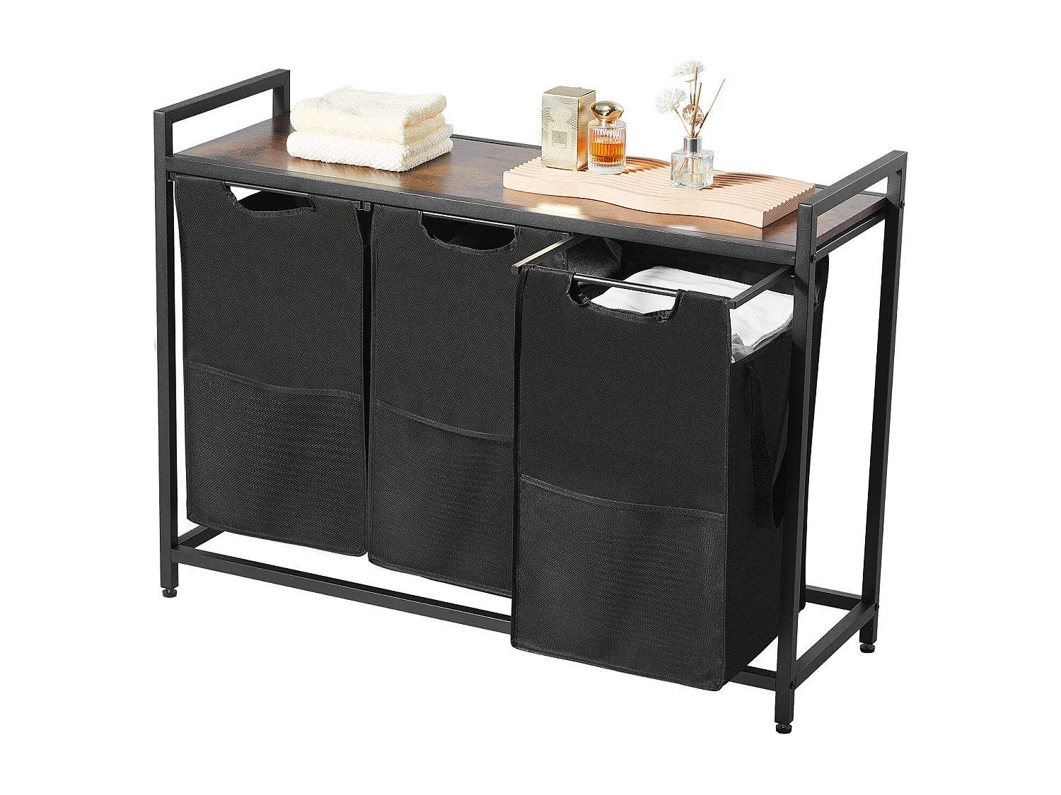 Panier à Linge SucceBuy Panier à Linge à 3 Compartiments, Organisateur de Linge avec Sacs Amovibles en Tissu Oxford 600D, Structure Métallique et Plateau en Bois