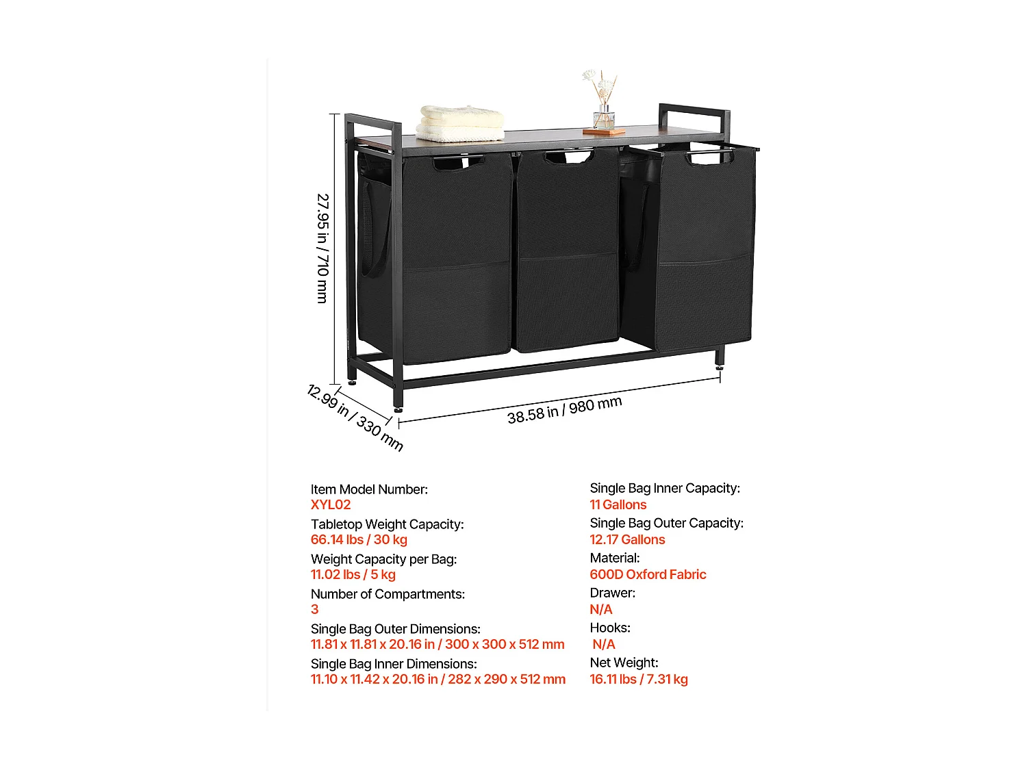 Panier à Linge SucceBuy Panier à Linge à 3 Compartiments, Organisateur de Linge avec Sacs Amovibles en Tissu Oxford 600D, Structure Métallique et Plateau en Bois