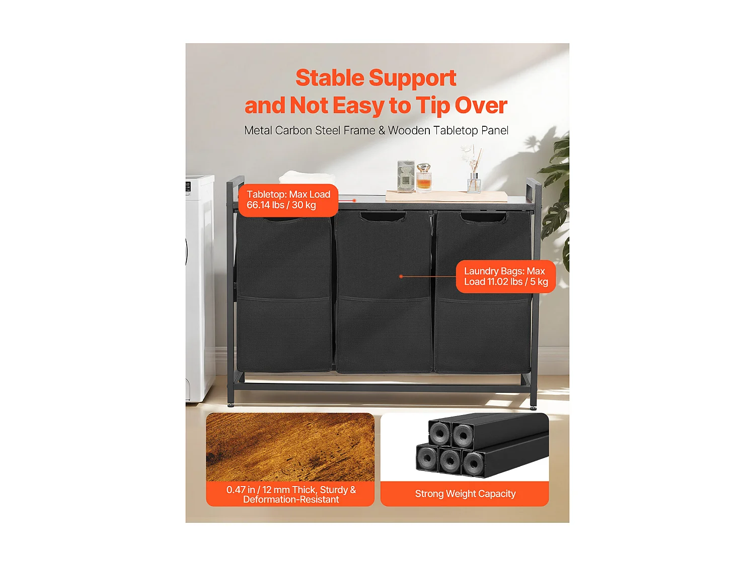 Panier à Linge SucceBuy Panier à Linge à 3 Compartiments, Organisateur de Linge avec Sacs Amovibles en Tissu Oxford 600D, Structure Métallique et Plateau en Bois