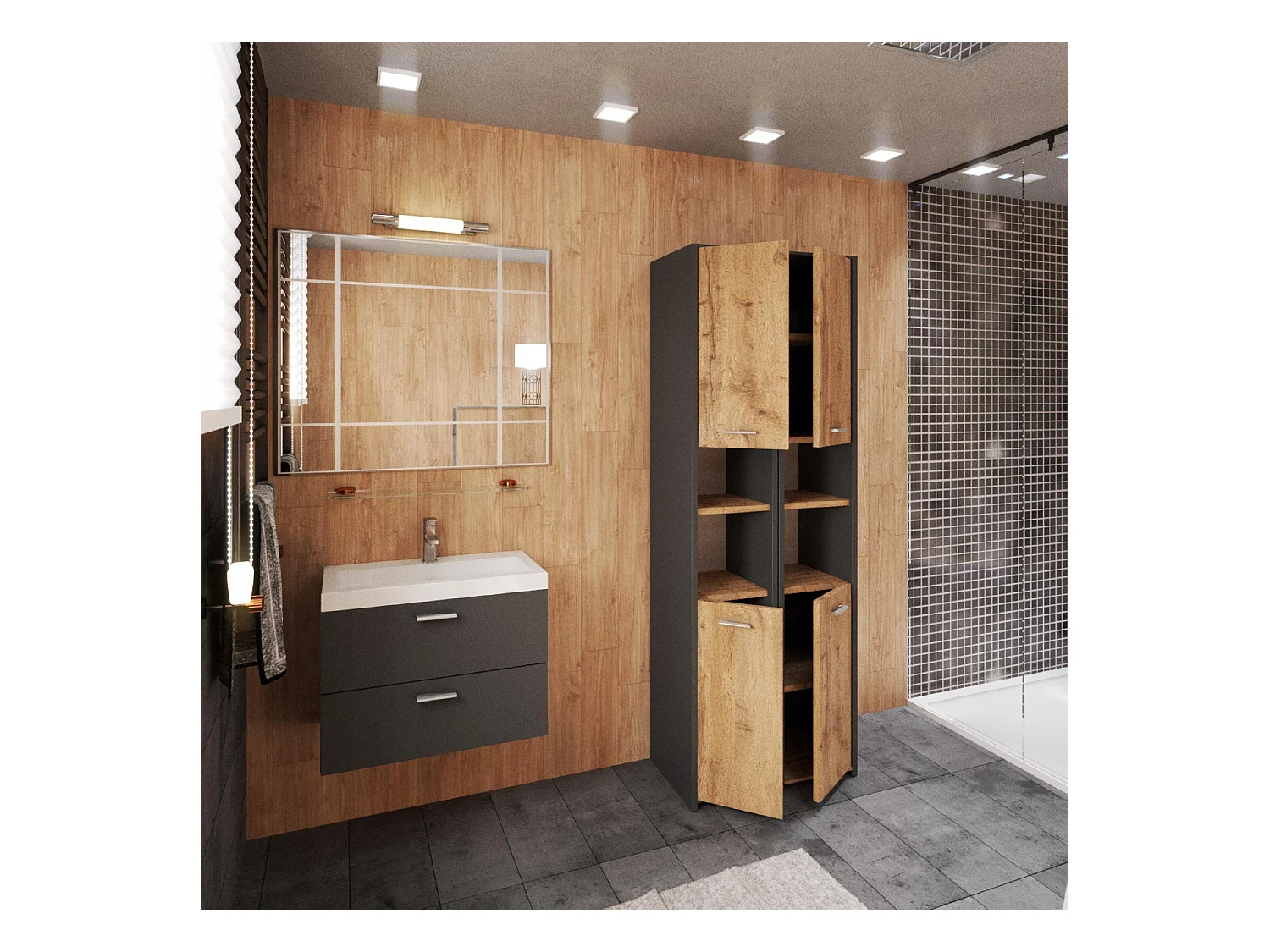 Colonne de salle de bain Gris +Chêne Wotan  30x30x165cm – armoire de salle de bain sur pied, meuble de rangement