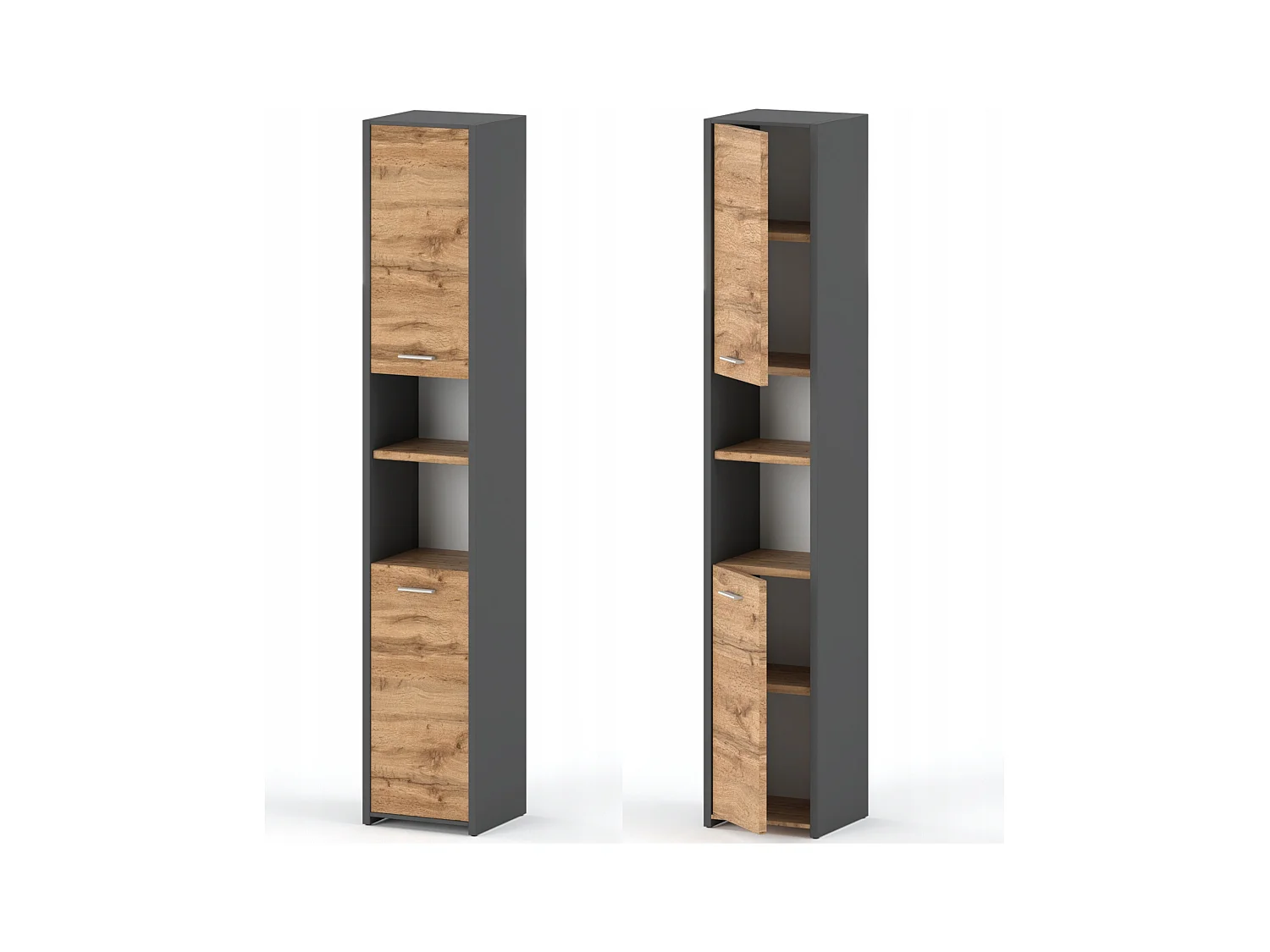 Colonne de salle de bain Gris +Chêne Wotan  30x30x165cm – armoire de salle de bain sur pied, meuble de rangement