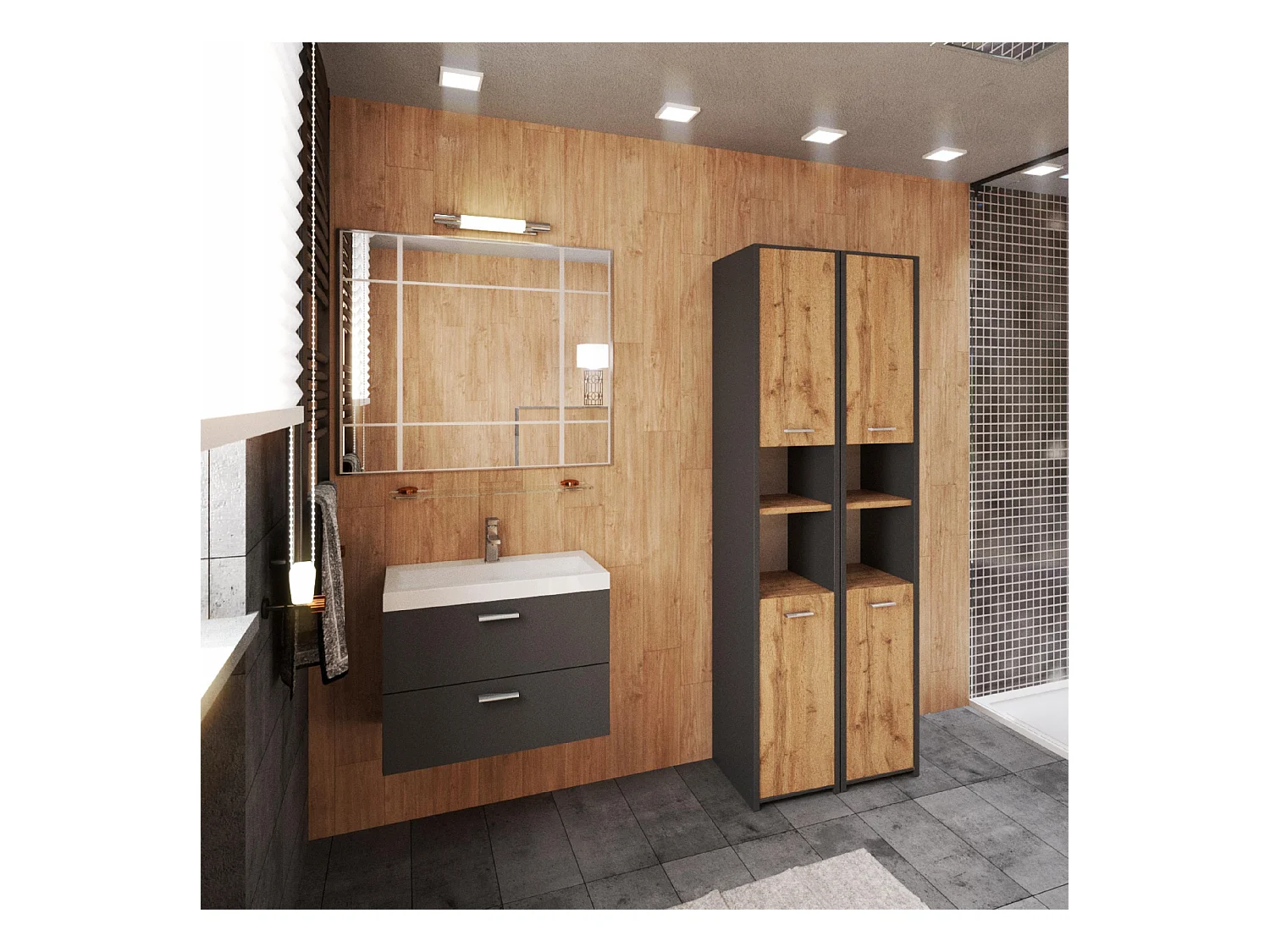 Colonne de salle de bain Gris +Chêne Wotan  30x30x165cm – armoire de salle de bain sur pied, meuble de rangement