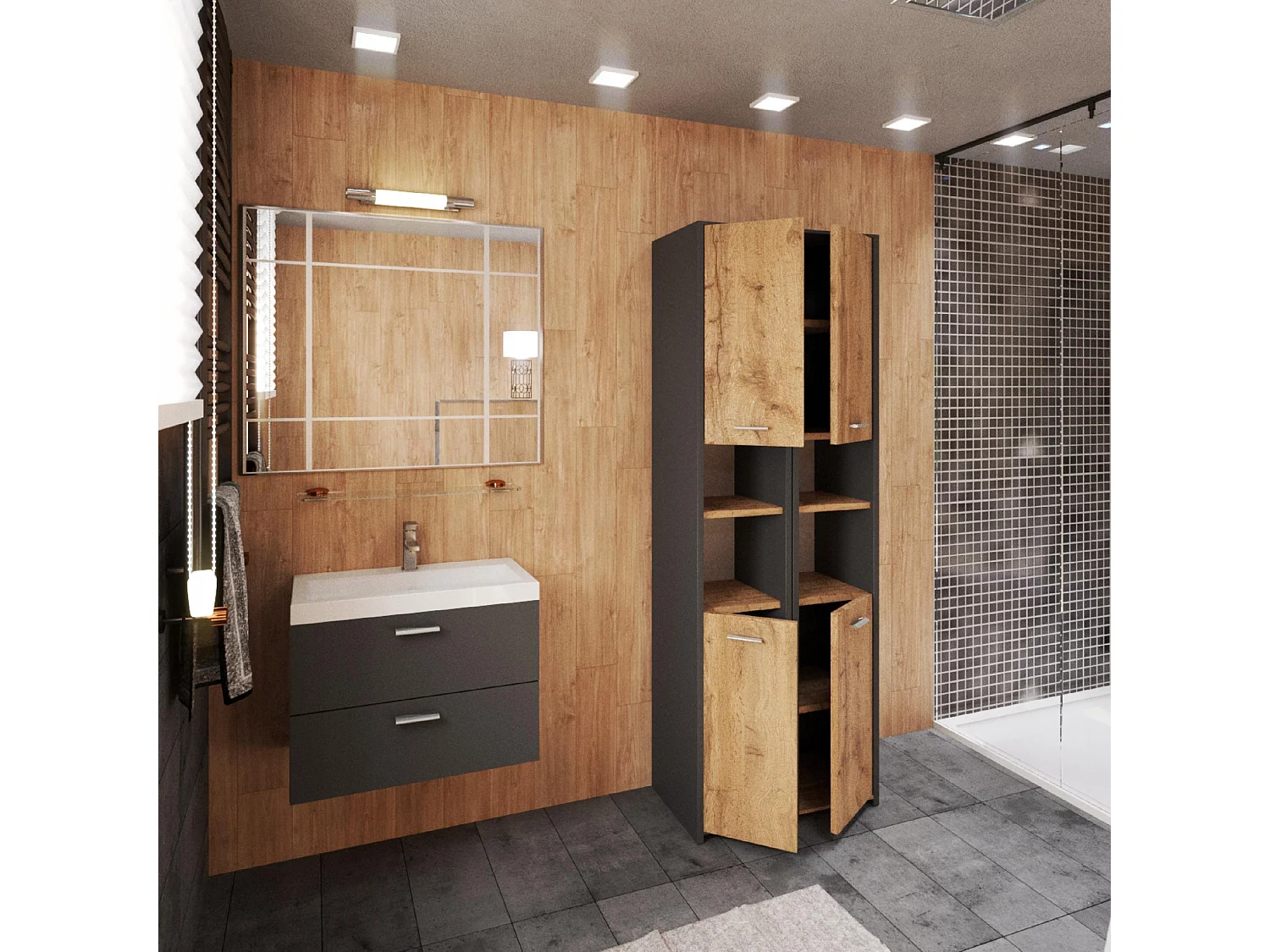 Colonne de salle de bain Gris +Chêne Wotan  30x30x165cm – armoire de salle de bain sur pied, meuble de rangement