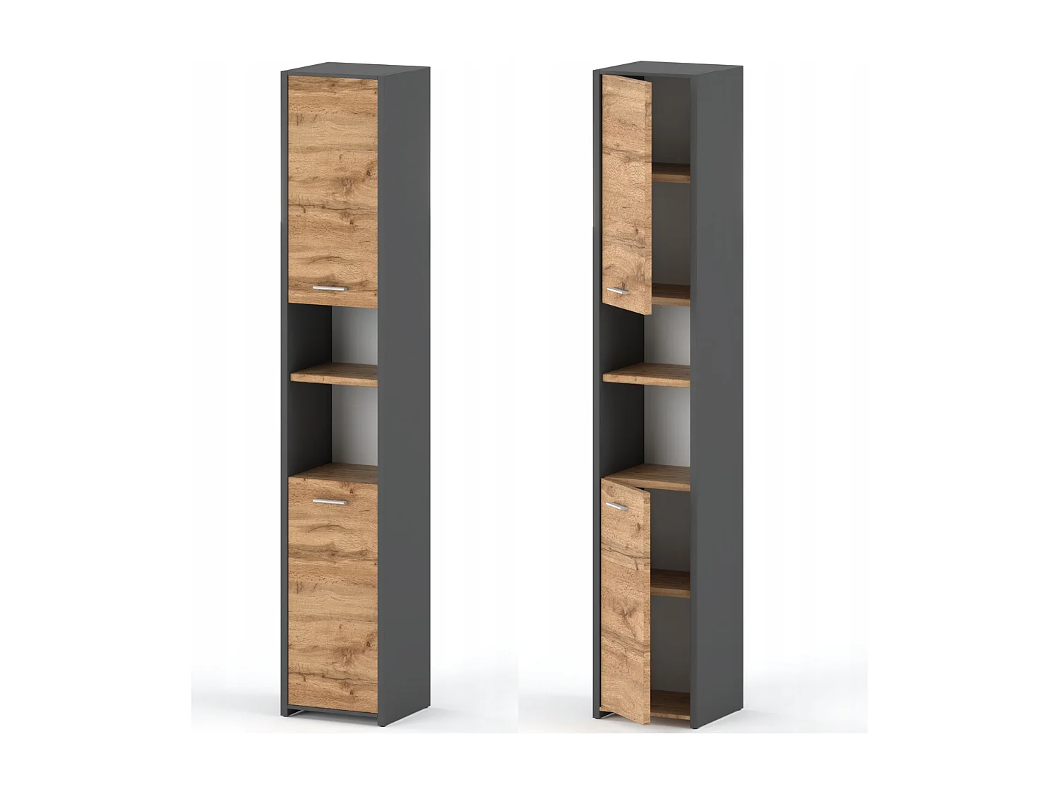 Colonne de salle de bain Gris +Chêne Wotan  30x30x165cm – armoire de salle de bain sur pied, meuble de rangement