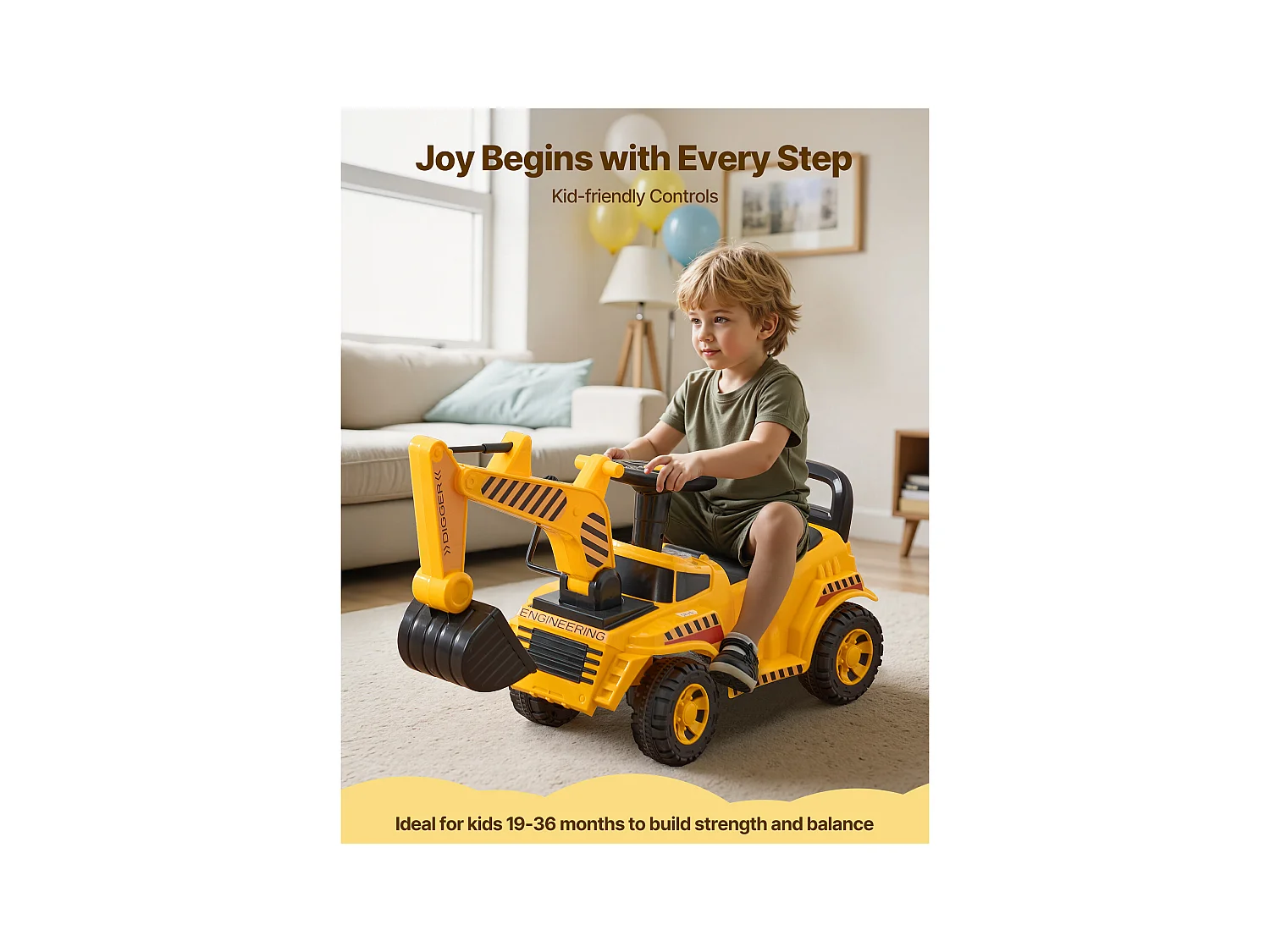 Porteur Auto Enfants SucceBuy 19 à 36 Mois, Voiture à Pousser pour Tout-petits, Capacité 25 kg, Pelleteuse Porteur avec Casque et Musique